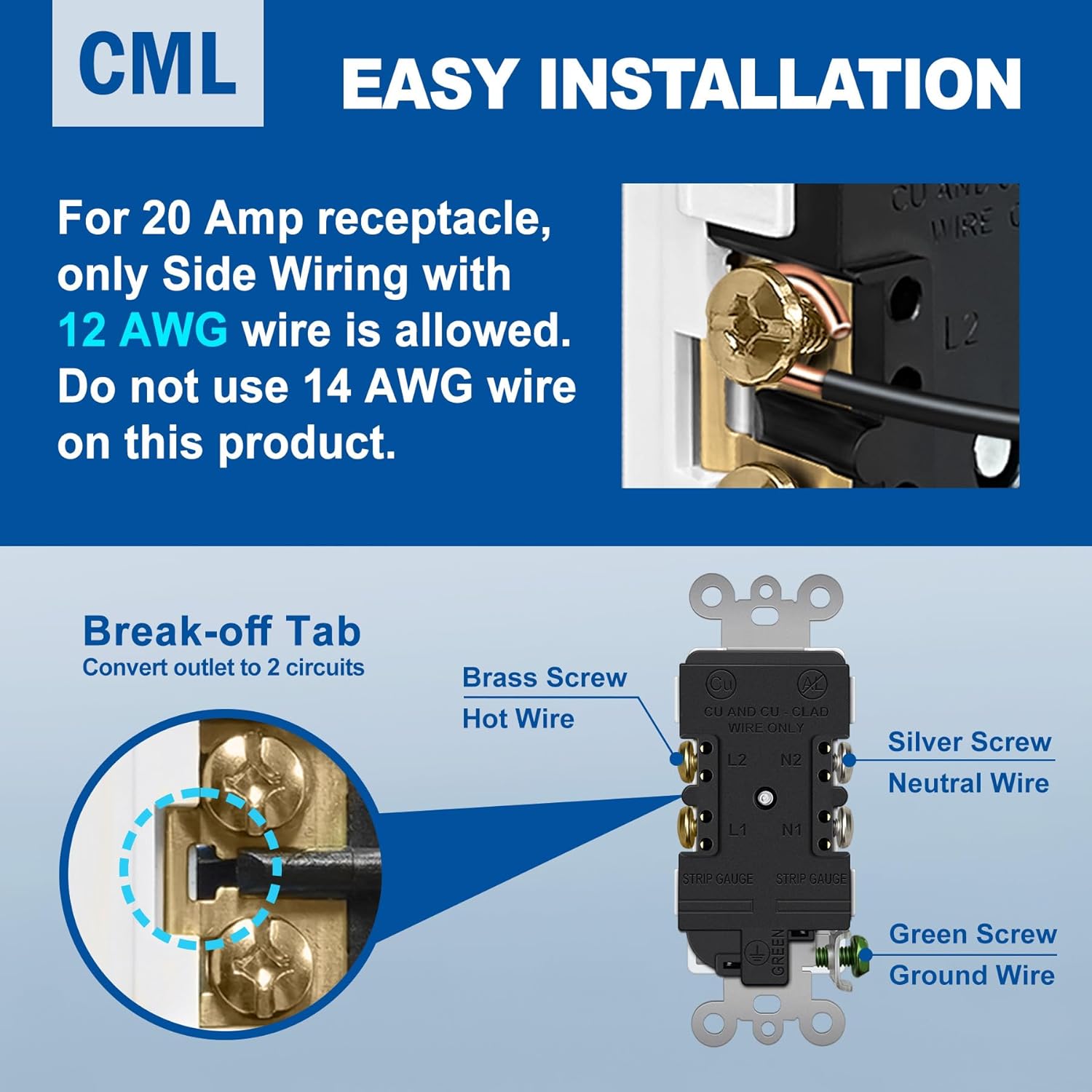 CML 20 Amp Decorator Receptacle Outlet with Tamper Resistant (TR), Standard Electrical Wall Outlet, 20A/125V, UL Listed, White, 50 Pack