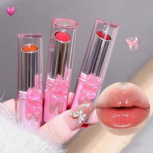 Girls Lip Gloss, 3 Colors Cute Bear Jelly Liquid Lipsticks for Girls Teens & Women, Glossy Lipgloss with Shine Glass Finish