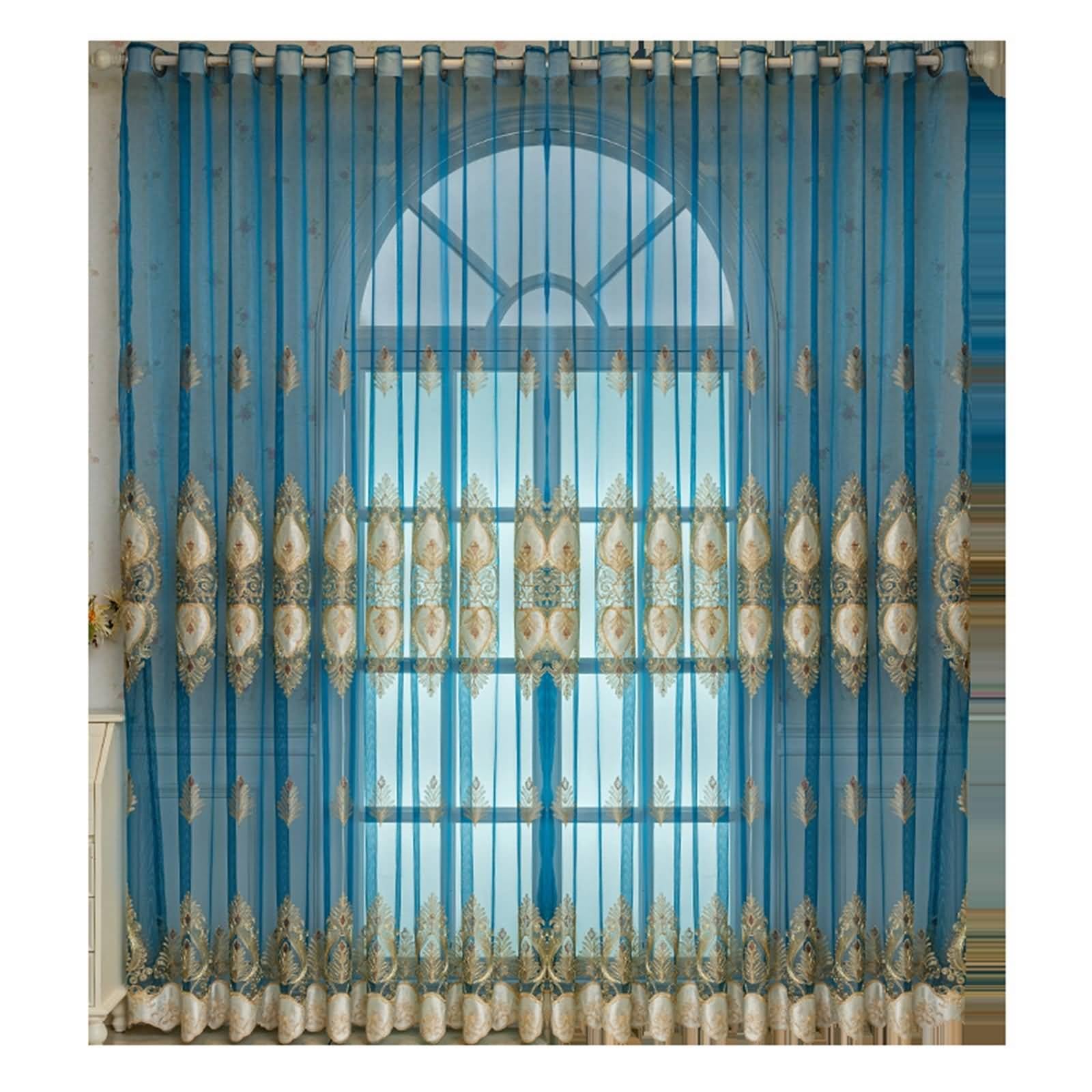 Niebieskie nowoczesne zasłony, poliestrowa zasłona wiejska ze złotym kwiatowym wzorem 132 cm x 213 cm (szer. x wys.) - 2 szt