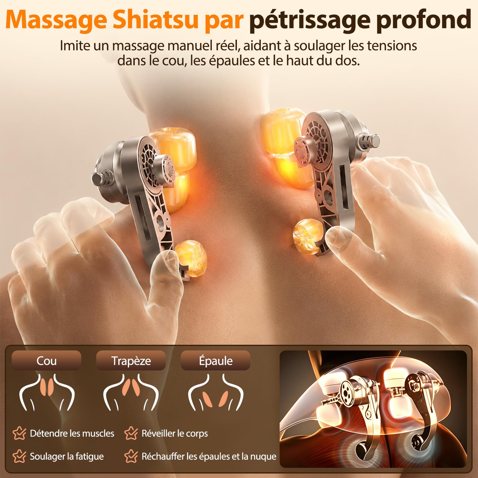 Neck Massager, 6D Massage Dos et Cervicales Sans Fil Masseur Cervical avec Massage par Pétrissage, 2 Niveaux de Chauffage et Housse Lavable pour Cou Jambes Épaules Cadeaux pour Hommes Femmes