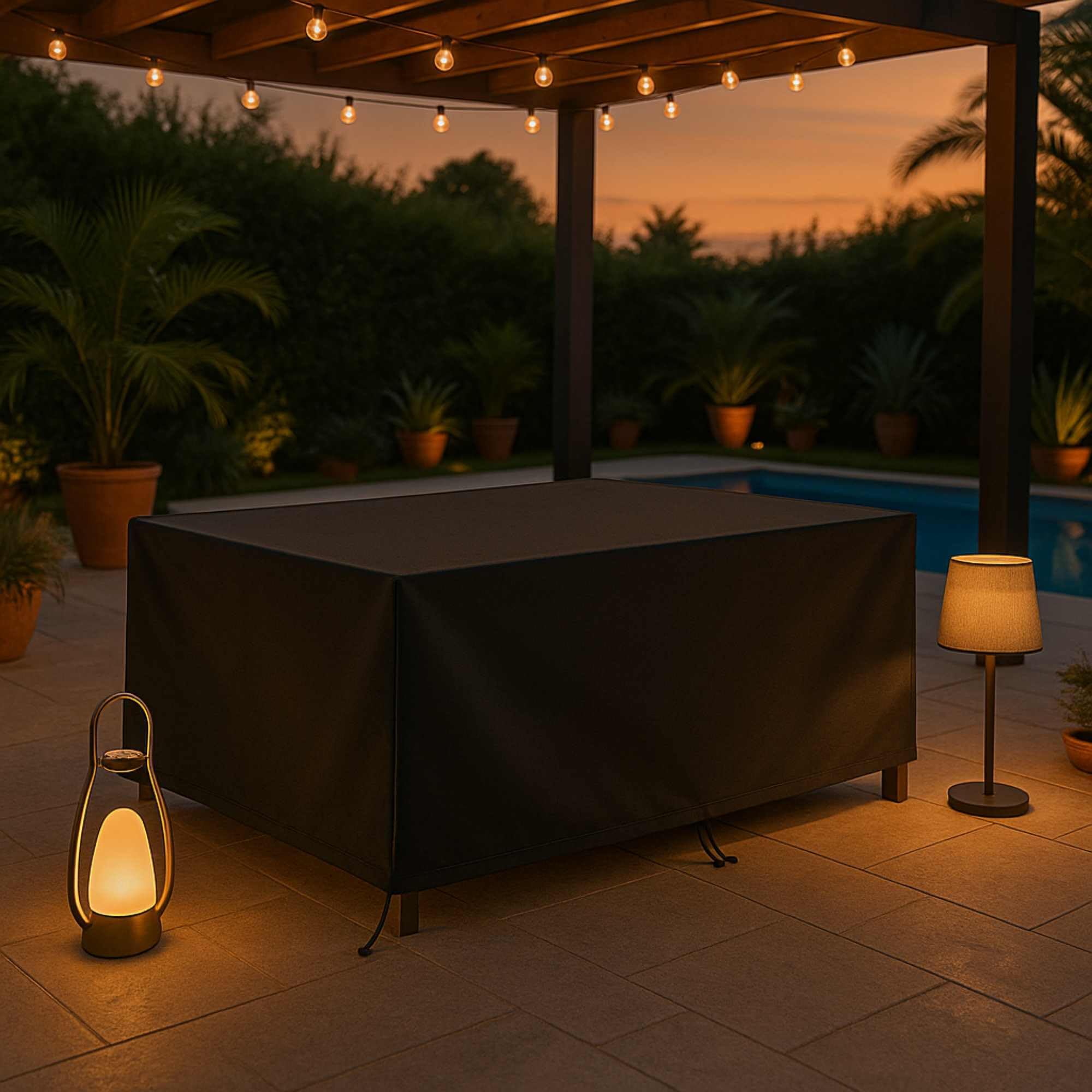 Funda rectangular para mesa de exterior 165x115x80cm en poliéster negro con bolsa de transporte