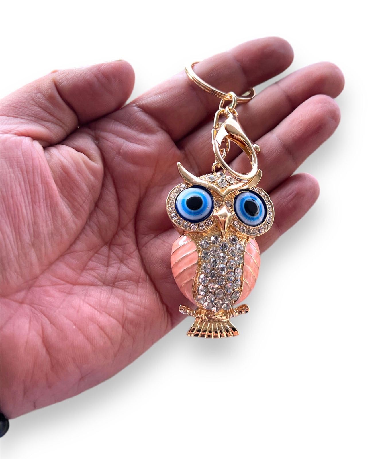 BLUE BEADS Gold with Evil Eye Crystal Rhinestone Sparkling Owl Keychain For Bike/Car Gifting Key Ring For Men Women and Handbag Charm