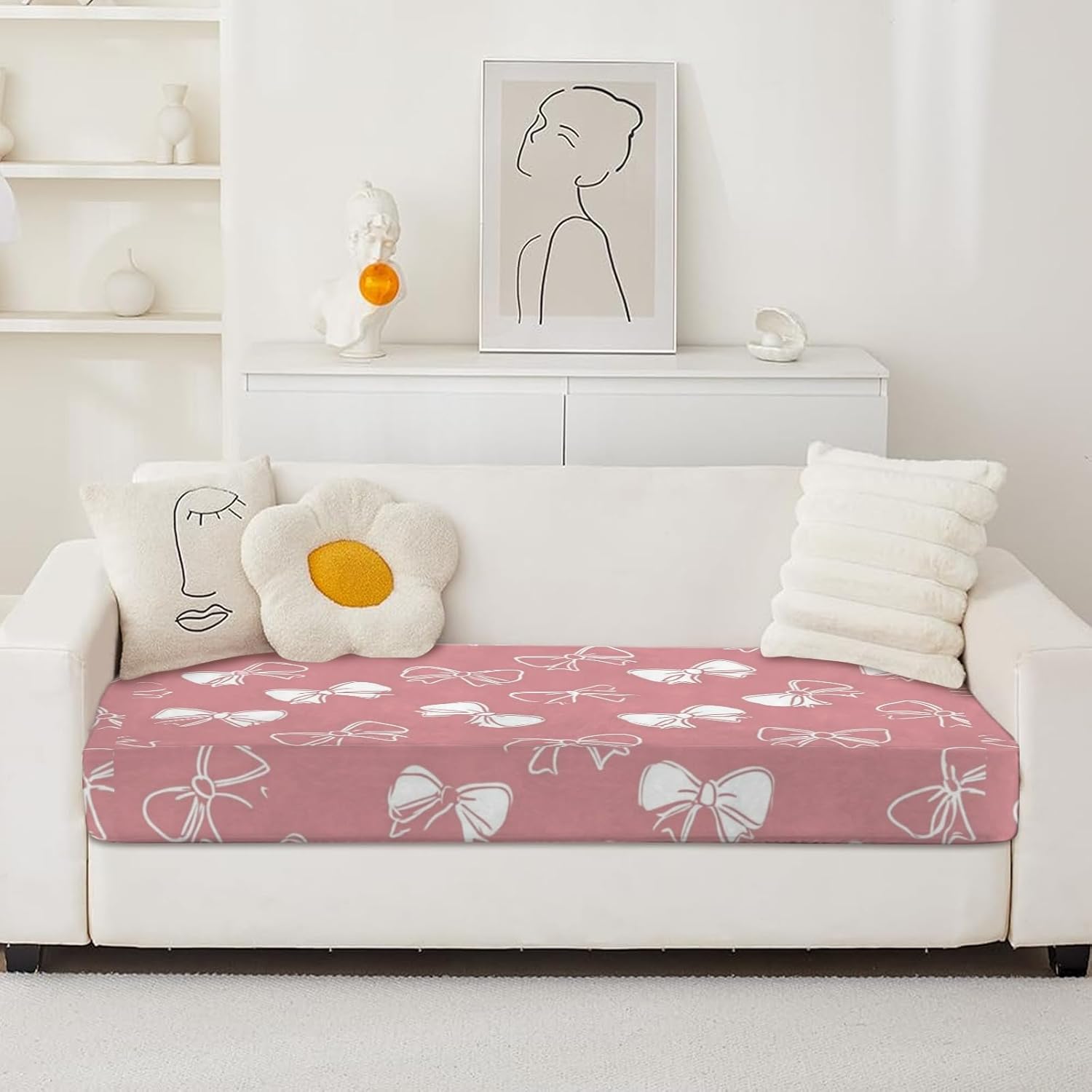 Soft Pink White Bows Loveseat Covers Couch Covers for 2 Cushion Couch, 2-Piece Stretch Sofa Slipcovers Anti-Slip Washable Furniture Protectors for Dogs Pets