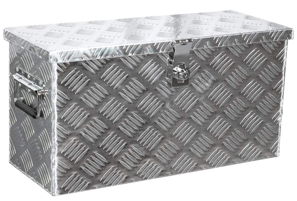 Trucky Skrzynka na samochód z aluminium, model D040, 59 x 25 x 31 cm, zamykana, wytrzymała blacha ryflowana, łącznie z zestawem montażowym, do warsztatu, samochodu, hobby