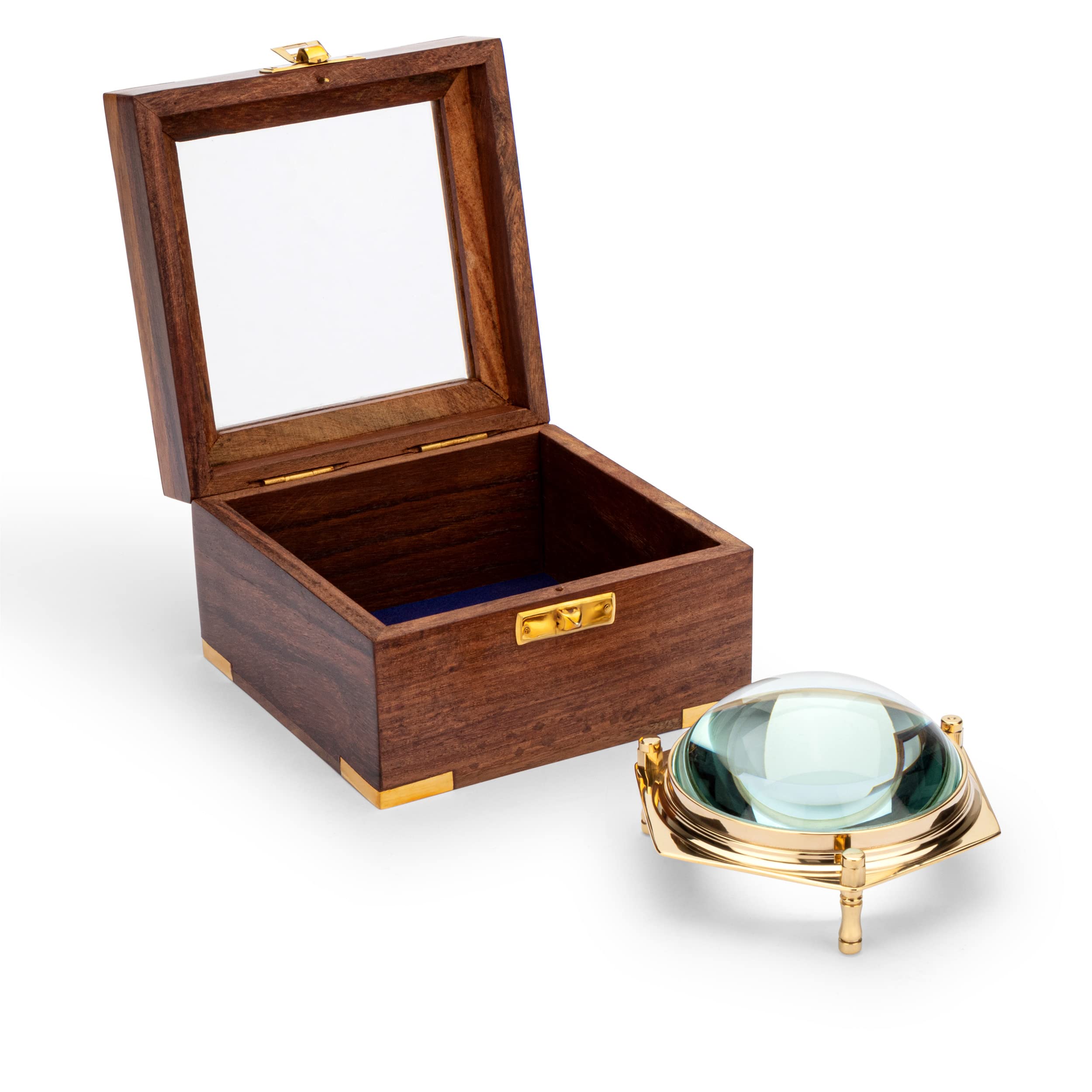 NKlaus Maritime 11726 10 cm Brass Magnifying Glass in Wooden Box with Glass Lid, 7,5cm - Image 2