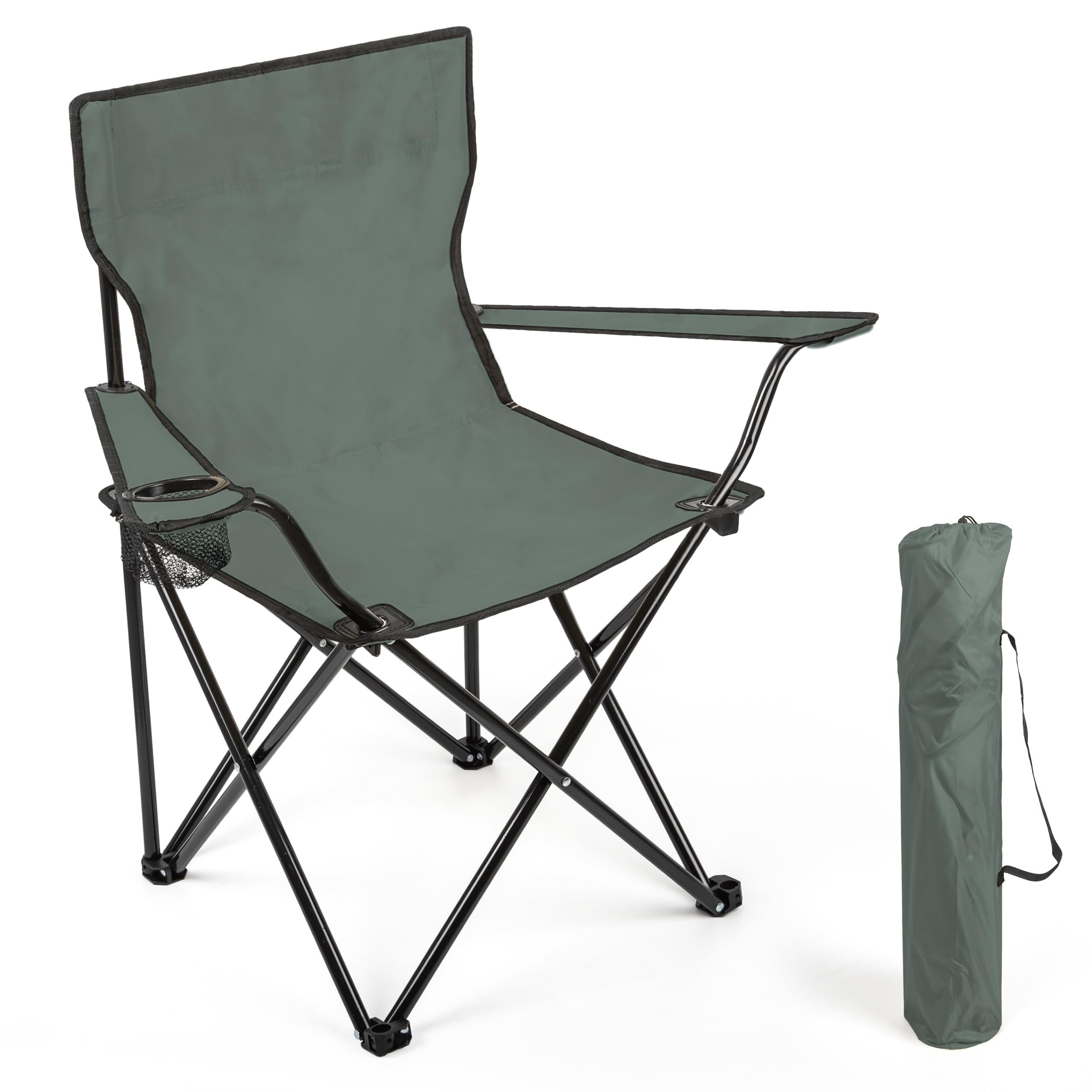 BESCH Silla Plegable para Camping de Acero con Portavaso 45x45x80cm Carga Máxima 110Kg - Silla para Exterior, Picnic, Jardín y Pesca (Gris)