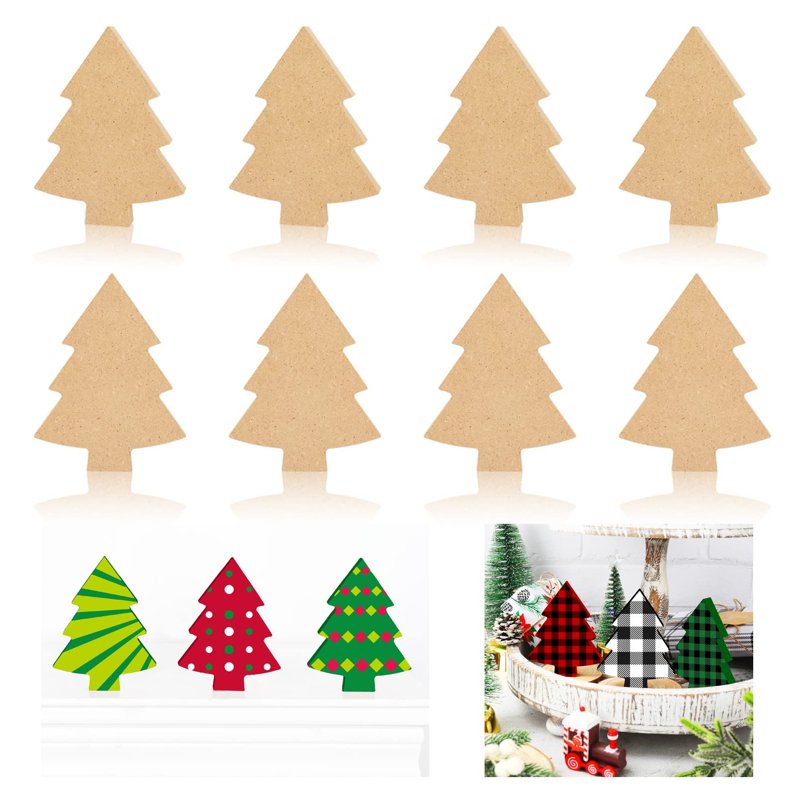 Whaline 12Pcs Christmas Tree Wooden Cutouts Blank Xmas Tree Unfinished Table Wooden Signs DIY Tiered Tray Decor for Christmas Home Kitchen Office