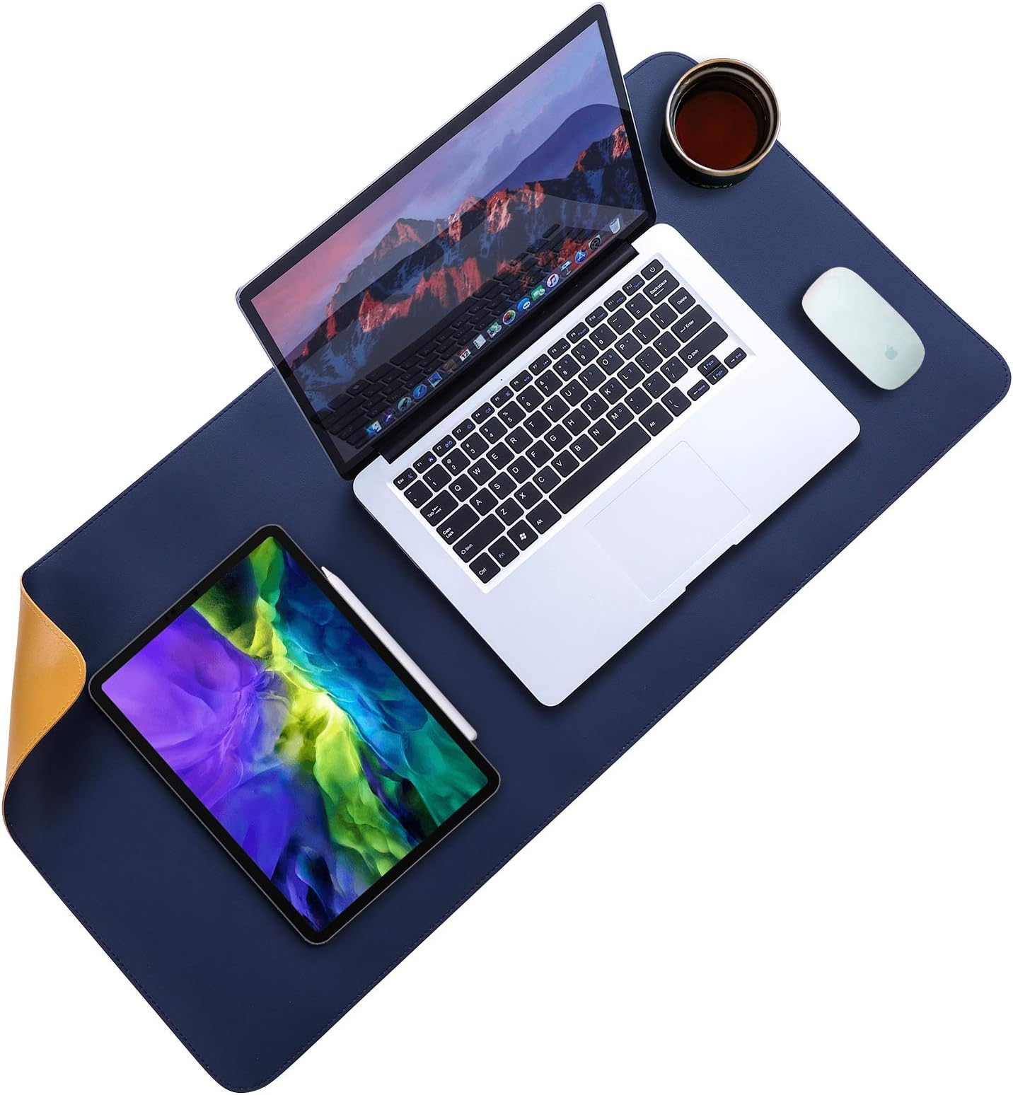 MTOUOCK Desk Pad, Office Desk Mat, 31.5" x 15.7" PU Leather Desk Blotter, Dual-Sided Desk Pad Protector, Upgrade Sewing Desktop Mouse Pad, Waterproof Desk Writing Mat for Laptop Pad, Blue&Yellow