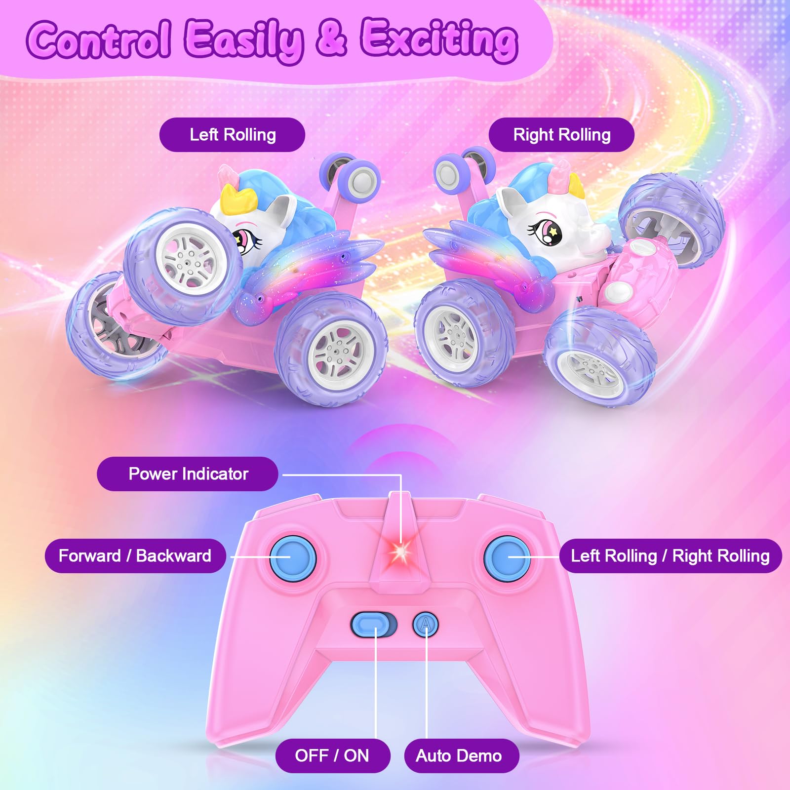 Macchina Telecomandata Bambini, Giochi Unicorno Bambina Bimba 3 4 5 6 7 8 Anni Monster Truck Auto Radiocomandata Acrobatica con Luci Giocattoli Macchinina RC Car Gioco Regalo Compleanno Natale