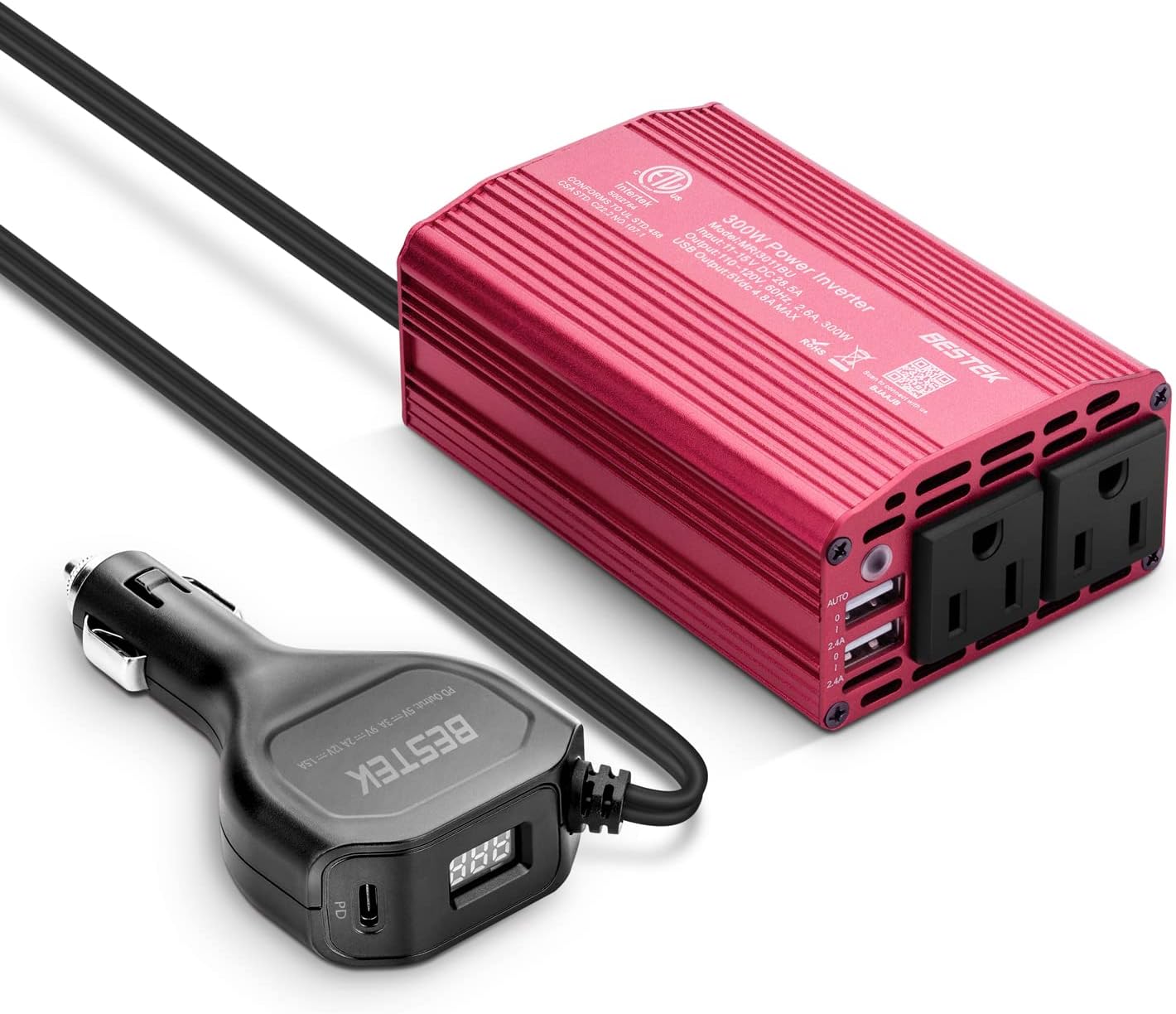 BESTEKUpgraded 300W Power Inverter for Car, Inverter DC 12V to 110V AC Converter Car Outlet Adapter with USB-C PD 18W Cigarette Lighter Plug, 2 AC Charger Outlets and Dual 2.4A USB PortsClimatePartner certified