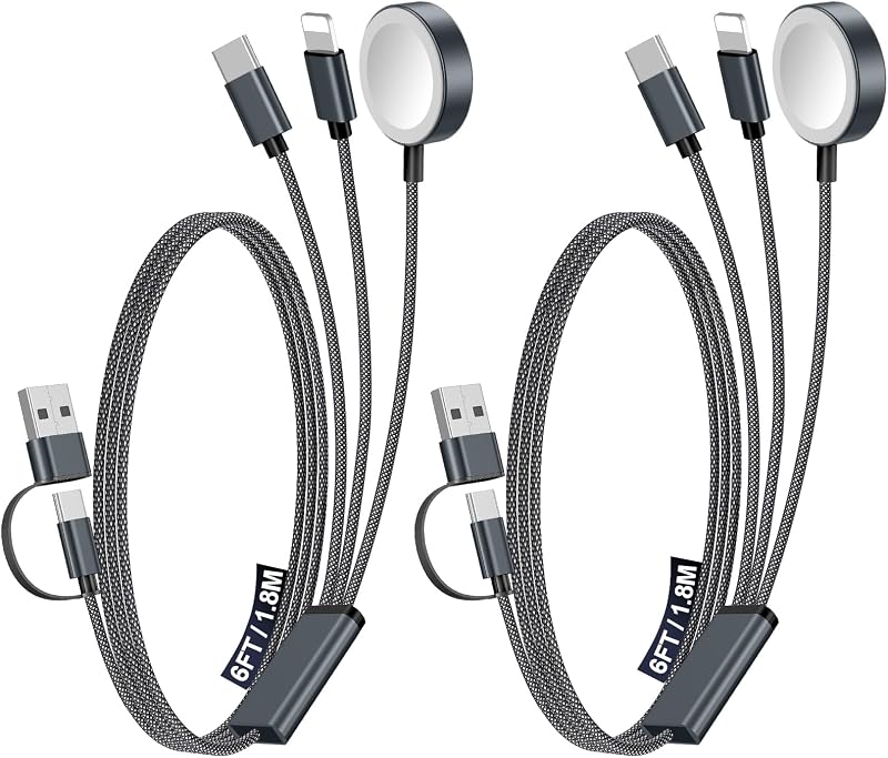 2Pack Travel Essentials for Apple Watch Charger,3-in-2 Multi Charging Cable | Cruise Vacation Camping Essentials for iPhone Charger,Type C/Lightning for iWatch,iPhone 17-12,Xbox Series X&S-6FT Black