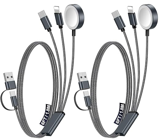 2Pack Multi Charging Cable Cord for Travel Essentials,Apple Watch Charger,iPhone Charger,[3-in-2] Type C/Lightning Cable Portable Designed for iWatch,iPhone 17-8,Galaxy S26-21,AirPods,iPad-1.8M Black