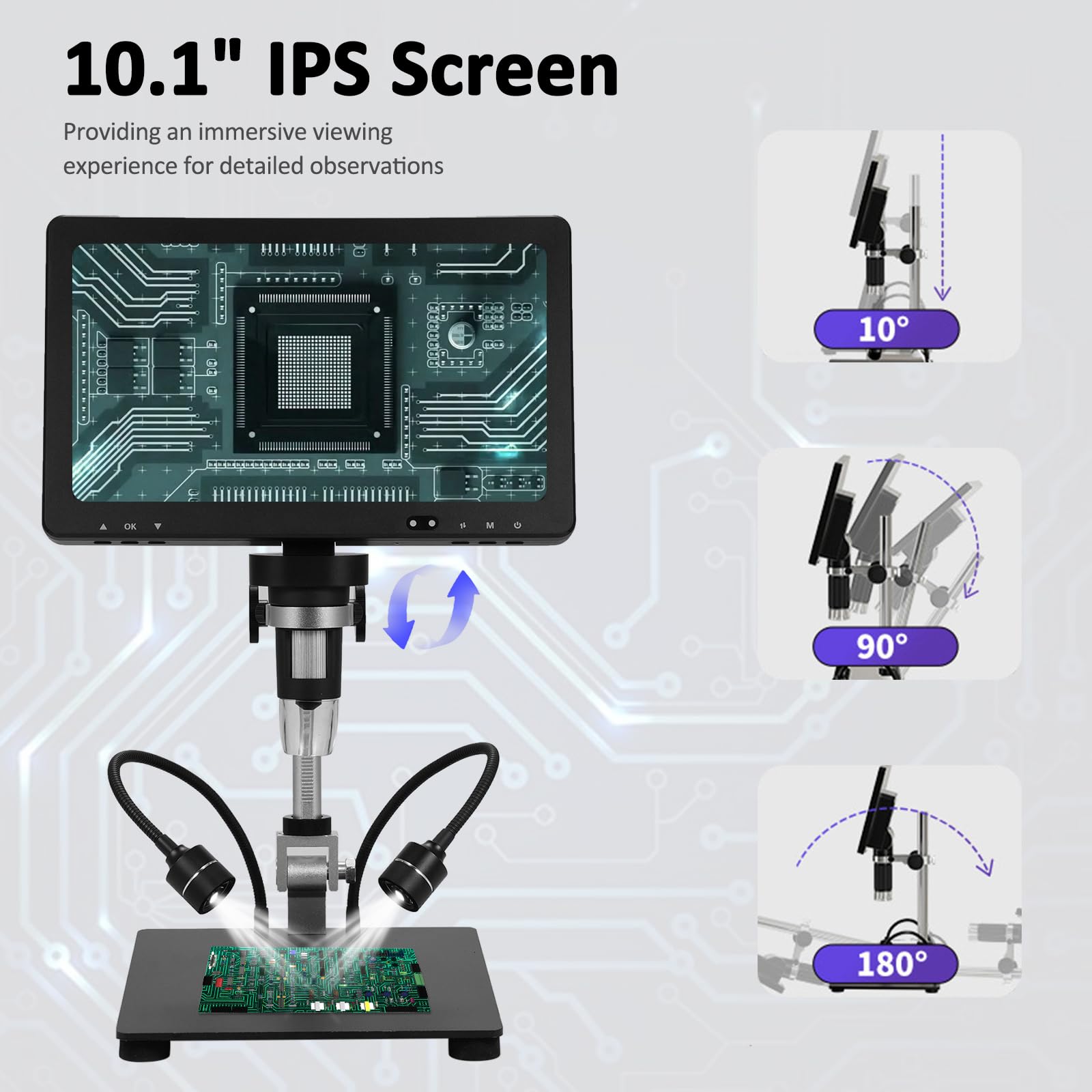 Digitales Lötmikroskop DM12 mit 10,1-Zoll-IPS-Bildschirm, 1500-facher Vergrößerung, 8 LED-Leuchten, HDMI-Ausgang, Sprachaufzeichnung, Foto- und Videomikroskopkamera, kompatibel