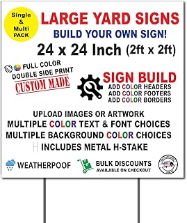 Custom Square Yard Signs, Full Color, Double Side Print, Metal H-Stake Included, Outdoor Weatherproof