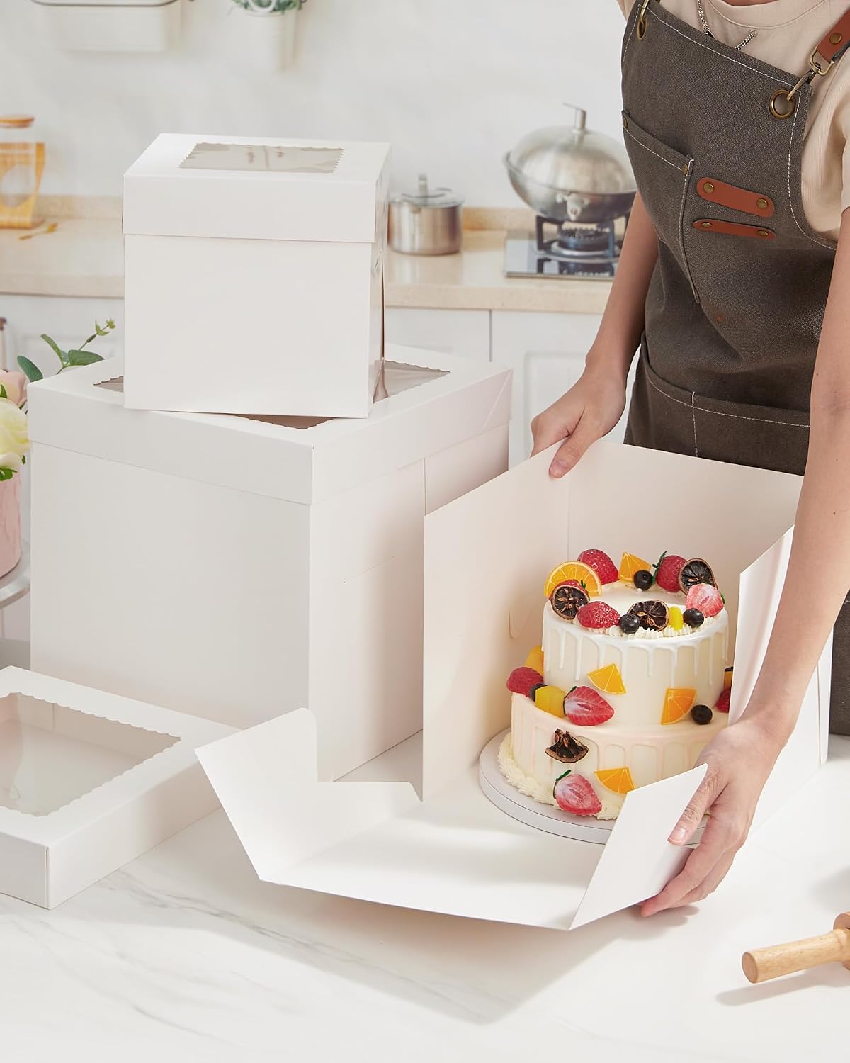 Kootek 10 inch Cake Box with Board Drum Cake Transport Container, 10x10x10