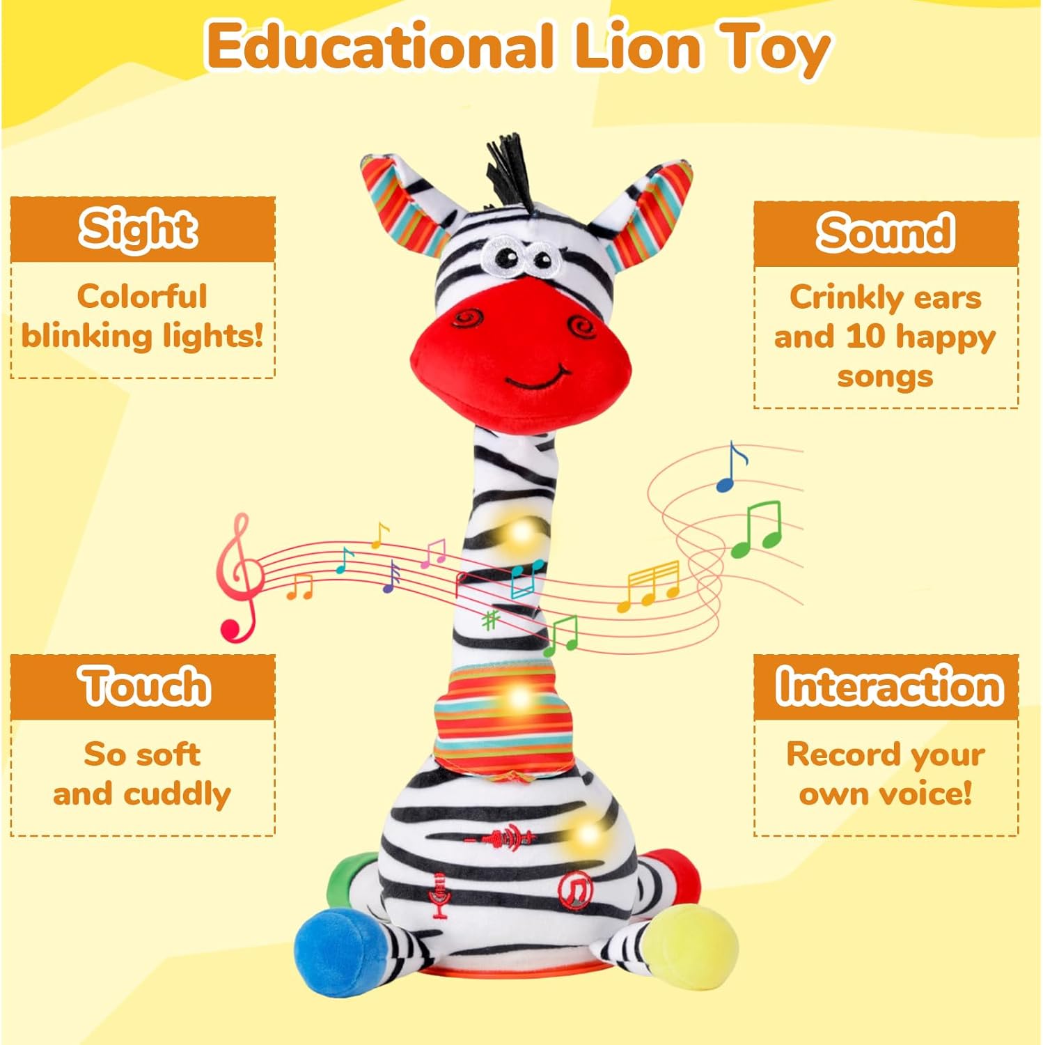 Dancing Talking Zebra Stuffed Animal, Interactive Mimicking Recording Repeating Zebra Plush, Singing 10 Children's Songs, Tummy Time Light Up Toy for Toddlers 1-3 Years, Forest Birthday Party Gifts