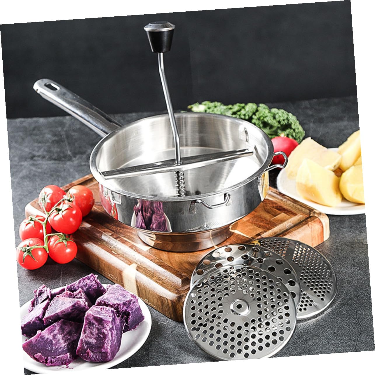 UKCOCO Moulin à Purée Acier Inoxydable pour Légumes et Fruits Mélangeur Alimentaire Multifonctionnel Poignée Ergonomique Usage Domestique et Cuisine