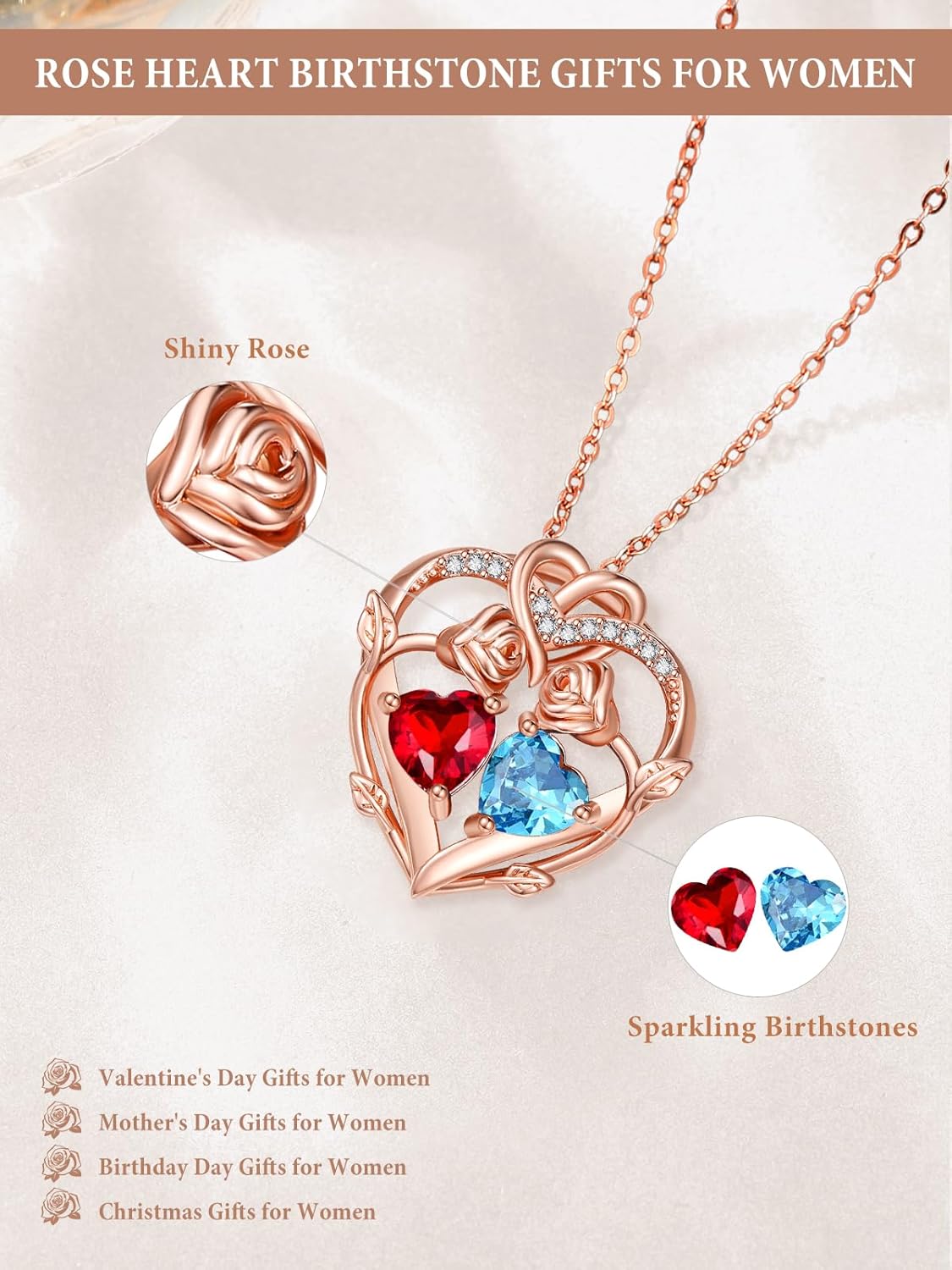 Rose Gold Necklaces for Women Double Birthstone Rose Flower Heart Pendant Necklace Jewelry Anniversary Christmas Valentine's Mother's Day Birthday Gift for Wife Mom Her Girlfriend Sister