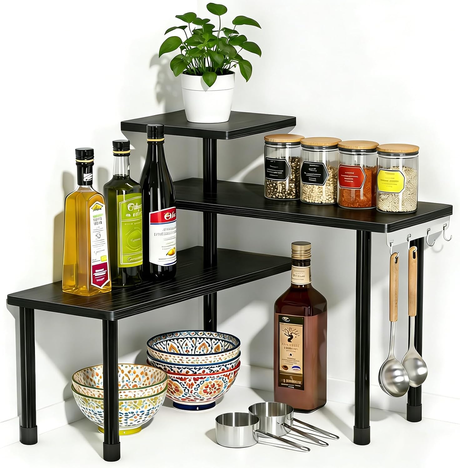 DelSol Countertop Corner Shelf Organizer for Kitchen 3 Tier Countertop Organizer with 4 Hooks Moveable for Bathroom, Spice Rack, Bookshelf, Coffee Area, Dresser Table (Black)