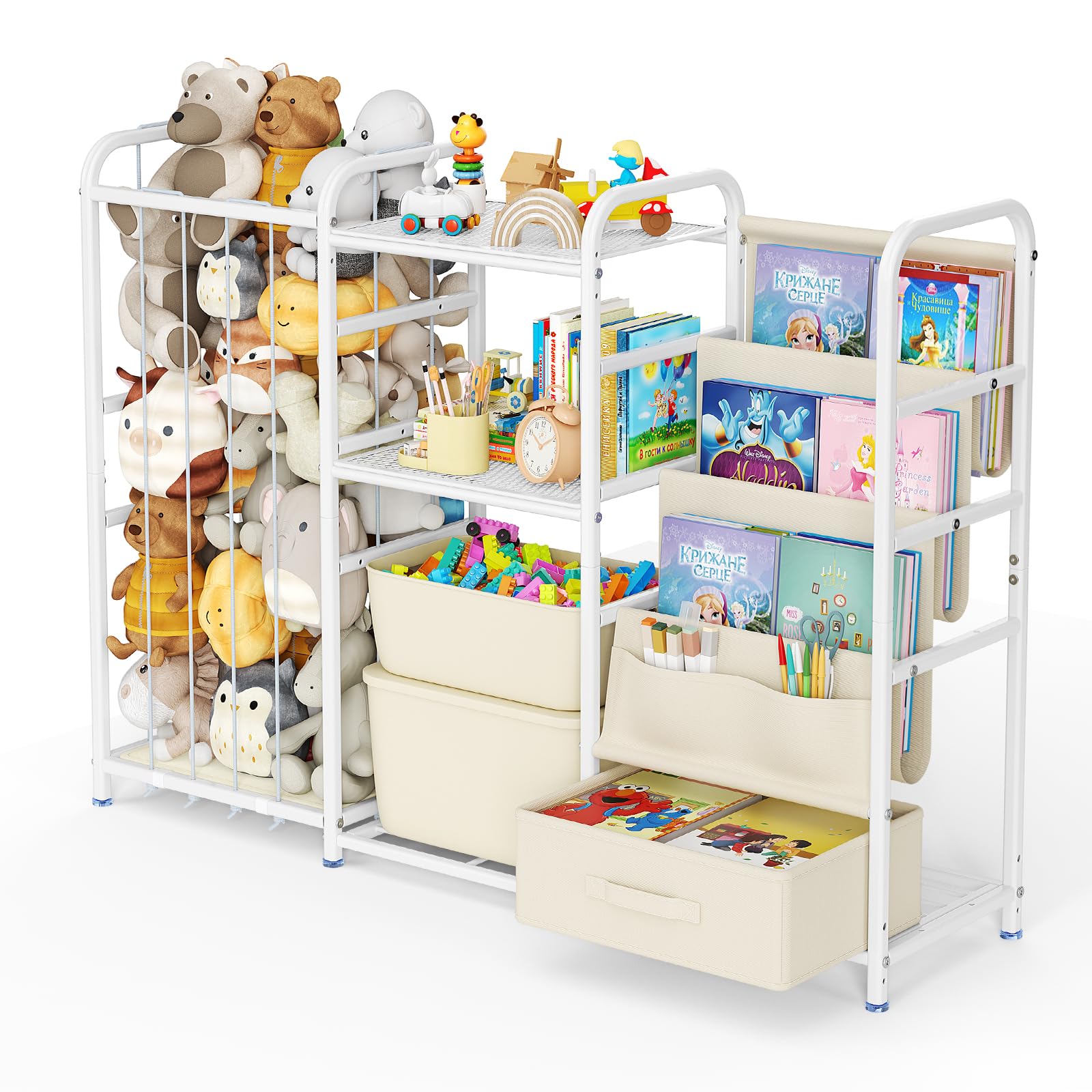 3-in-1-Kinder Bücherregal Kinderzimmer, Spielzeugregal Kinderzimmer mit Spielzeugkiste Kinderbücherregal und Spielzeugorganizer 3 Hängetaschen Schublade für Kindergarten, Spielzimmer (Weiß)