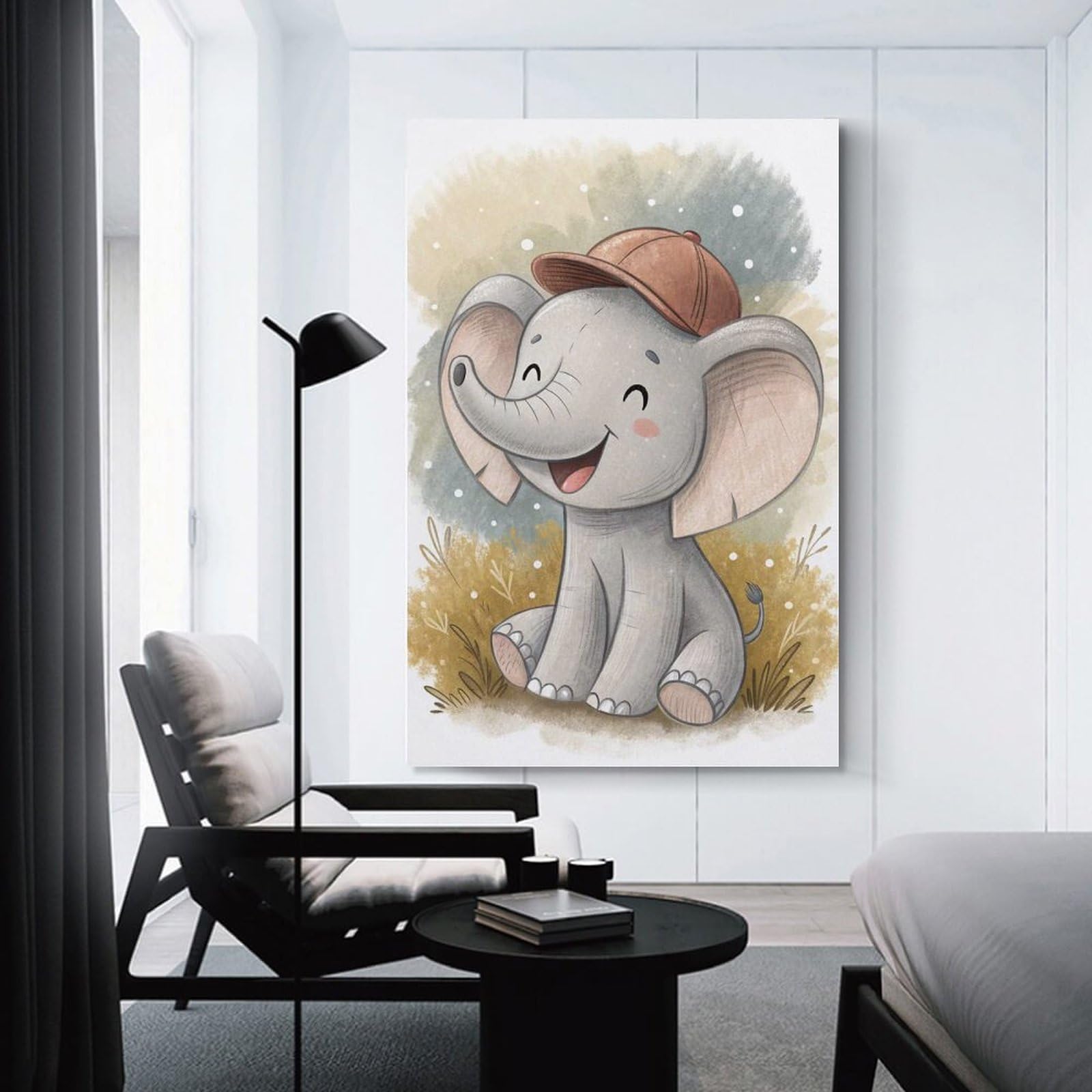 Junmoney Cute Elephant Wearing A Cap Decorative Canvas Print, 12x18inch(30x45cm), for Hallway, Bedroom Or Modern Interiors, Gift Idea for Housewarming And Birthdays