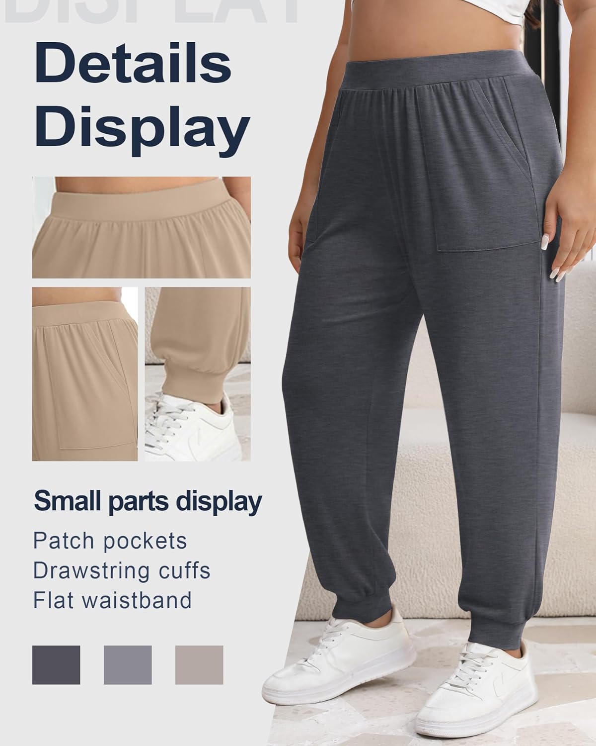 3 Pack Women's Plus Size Lounge Joggers with Patch Pockets, High Elastic Waisted Loose Casual Sweatpants Yoga Pants