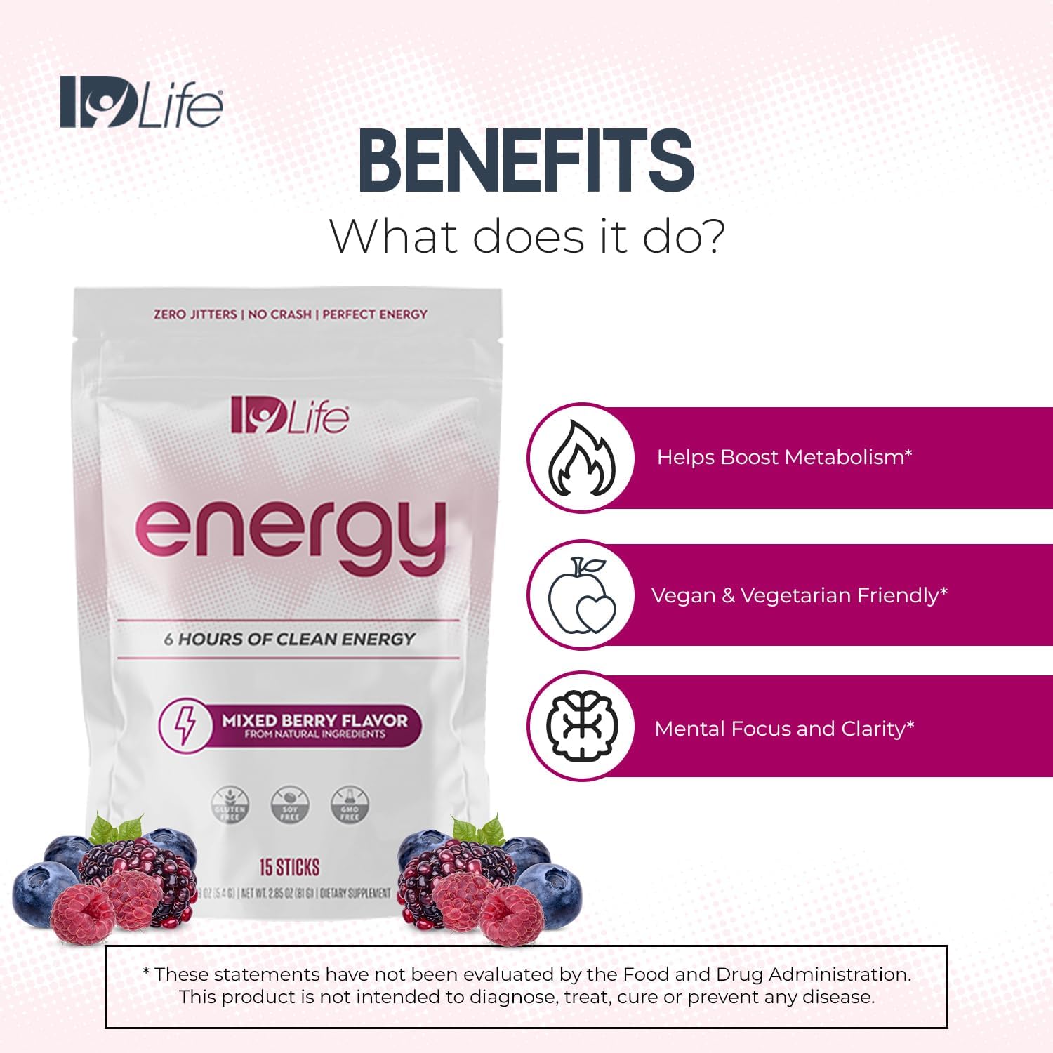 IDLife Energy - Mixed Berry - Sustained Power Boost with Powder, Healthy Drink for Work, Gym & Daily Use, 6 Hours of Boost - 15 Sticks per Bag