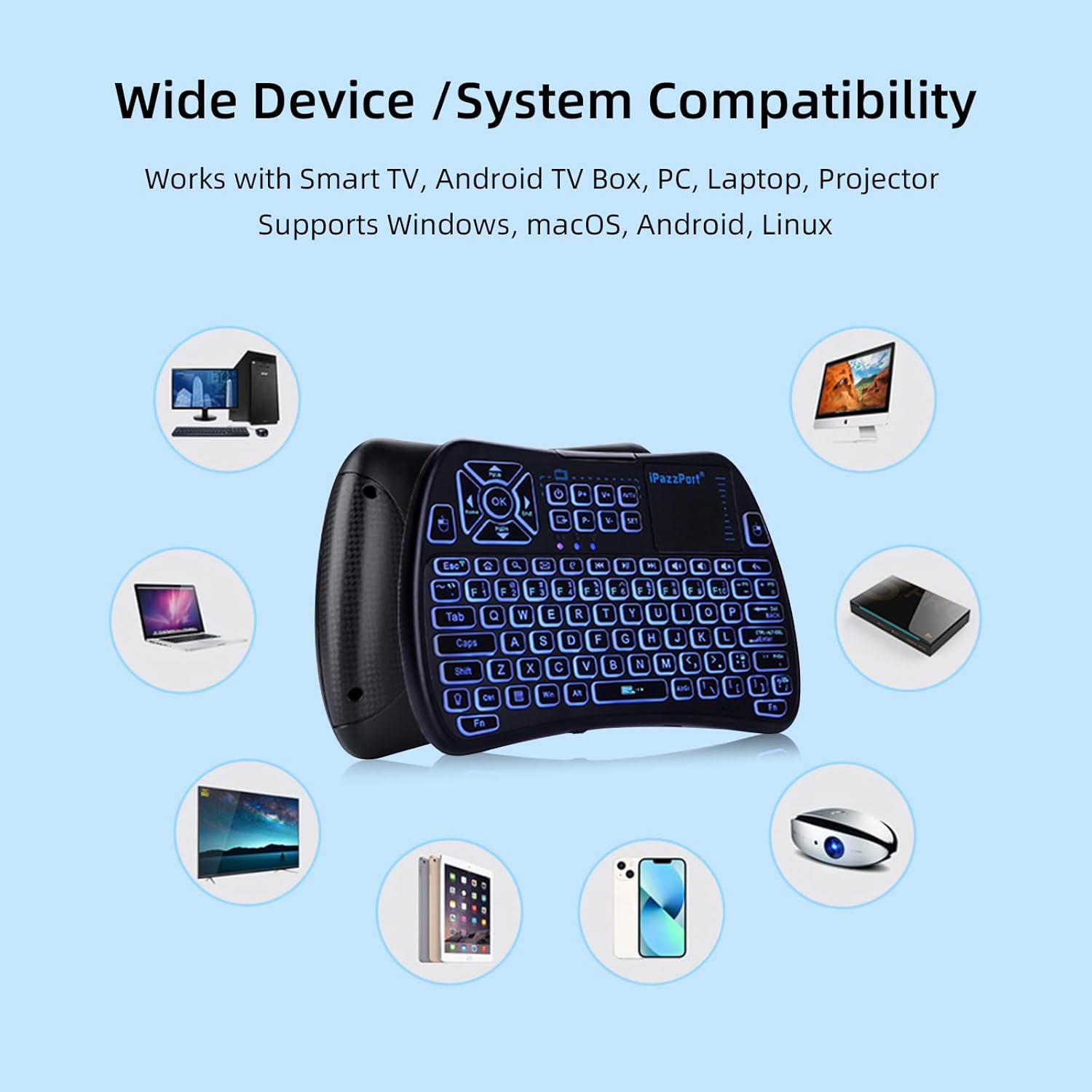 iPazzPort Mini Wireless Keyboard with Touchpad Dual-Mode 2.4G & Bluetooth, 3-Color Backlit,IR Learning Remote, Rechargeable Battery Handheld Keyboard for Smart TV, PC, Laptop, Projector, PS5, Xbox