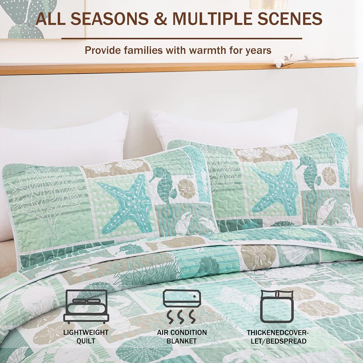 DJY Green Quilt Set Queen Coastal Beach Theme Quilt Coverlet Set Soft Microfiber Reversible Bedspread with 2 Pillow Sham 3 Pieces Coastal Bedding Quilt for All Season 90"x96" - Image 3
