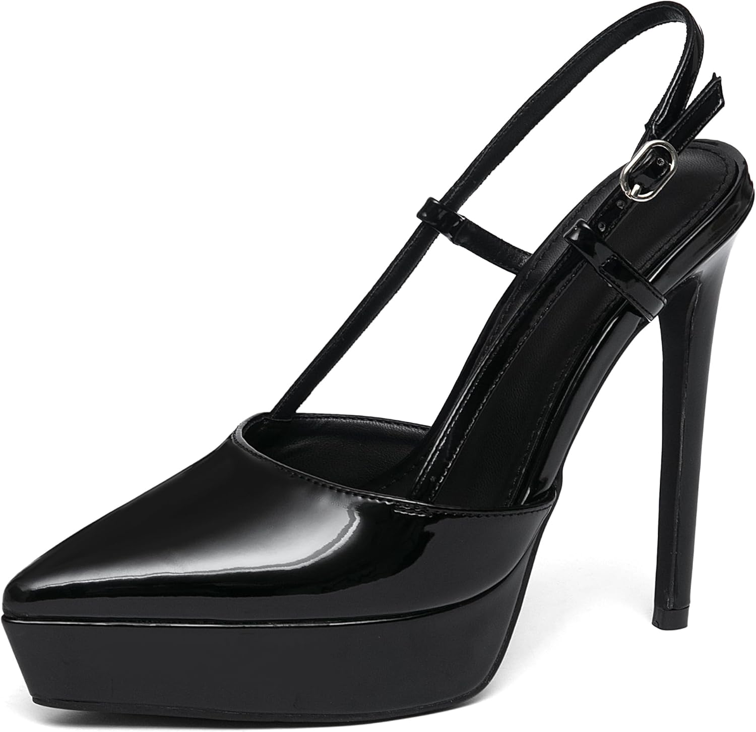 NEWBELLA Women's Patent Leather Platform Pumps Stiletto Heels Slingback Sandals with Ankle Strap-Pointed Toe High Heels 7.5 Black