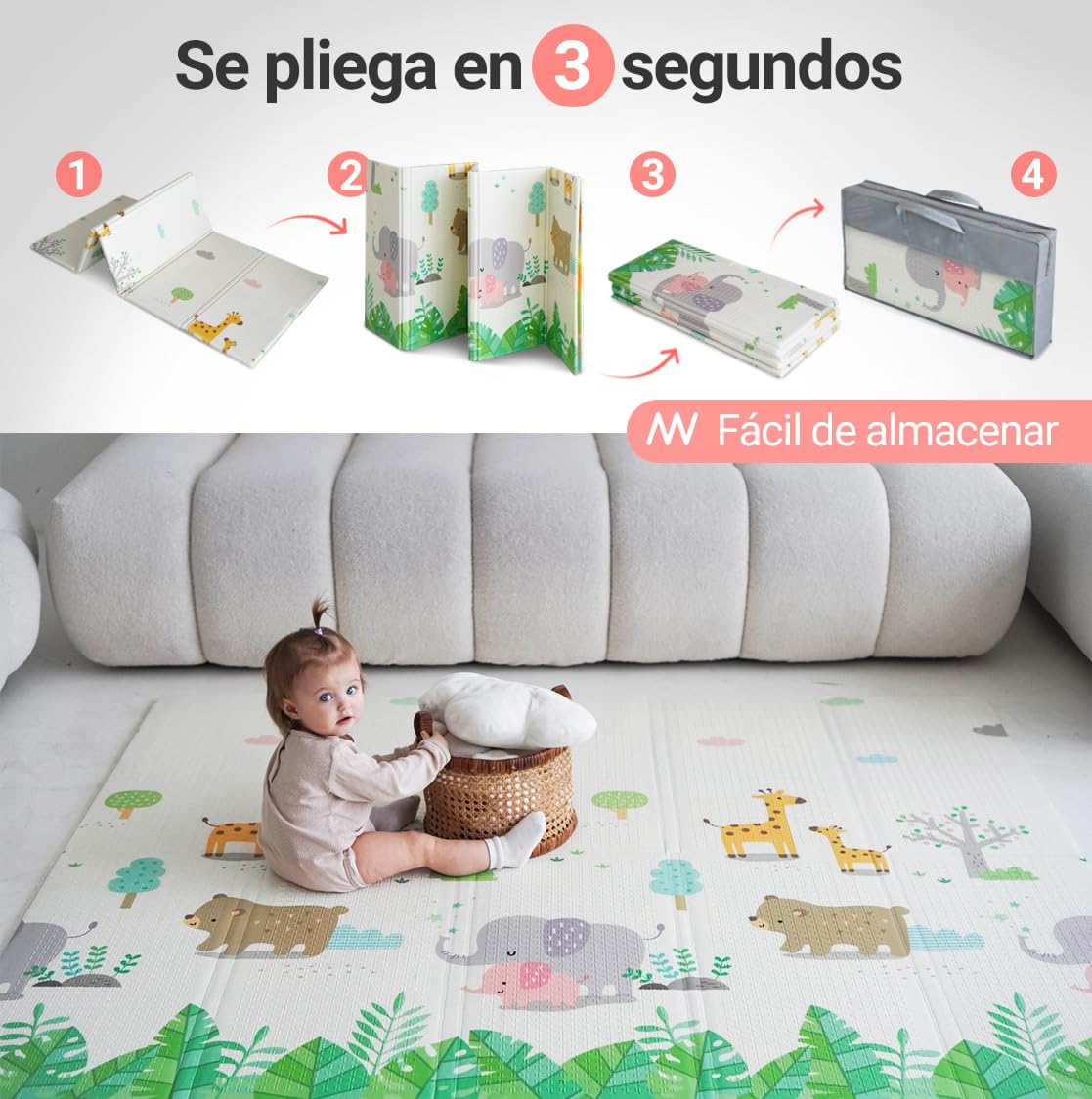 MIKMEL Alfombra Bebe Acolchada Plegable Reversible – Tapete Actividades y Juegos para Niños, Colchoneta de Suelo XPE Impermeable para Gateo – Diseño Carreteras/Animales – 180x150x1cm