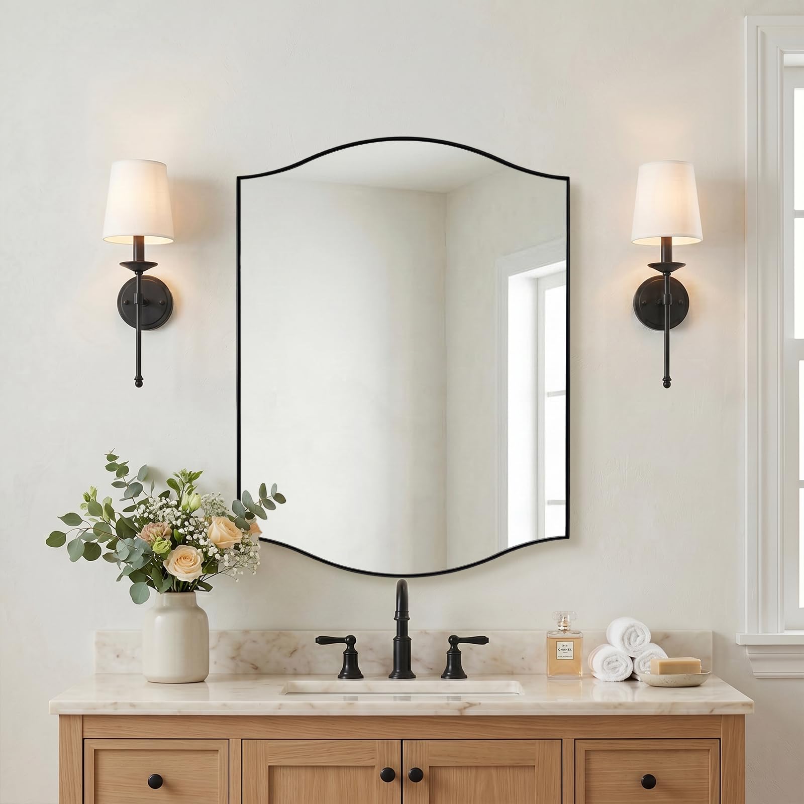 ANDY STAR Scalloped Bathroom Mirror，24"x32" Black Rectangle Wall Mirror with Curved Edge Stainless Steel Metal Frame, Irregular Vanity Wall-Mounted Mirror for Bathroom, Entryway