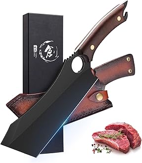 Dream Reach Meat Cleaver, 6.9 inch Black Boning Knife, High Carbon Steel Sharp Kitchen Forged In Fire Knife with Sheath Gift Box Bottle Opener for Outdoor Camping