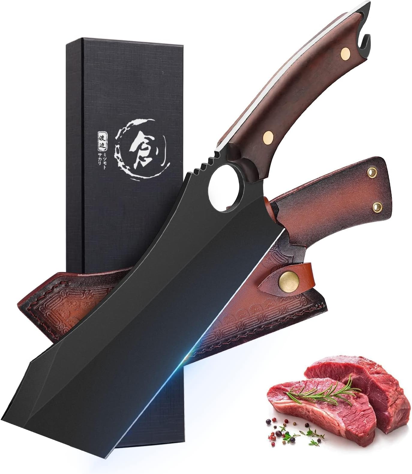 Dream Reach Meat Cleaver, 6.9 inch Black Boning Knife, High Carbon Steel Sharp Kitchen Forged In Fire Knife with Sheath Gift Box Bottle Opener for Outdoor Camping