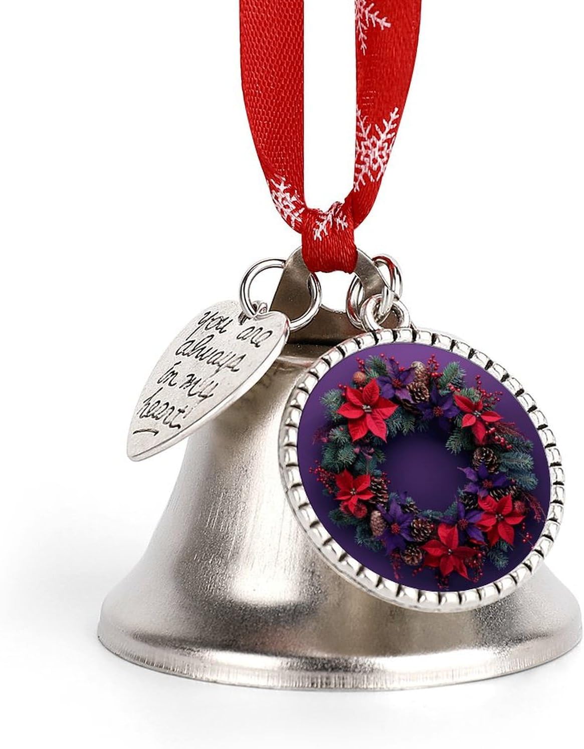 Jingling Bell, Shiny Silver Christmas Memorial Ornament Purple Wreath Pictures Printed Christmas Tree Hanging Bell Ornament Christmas Tree Ornaments Little Bell Wing Bell