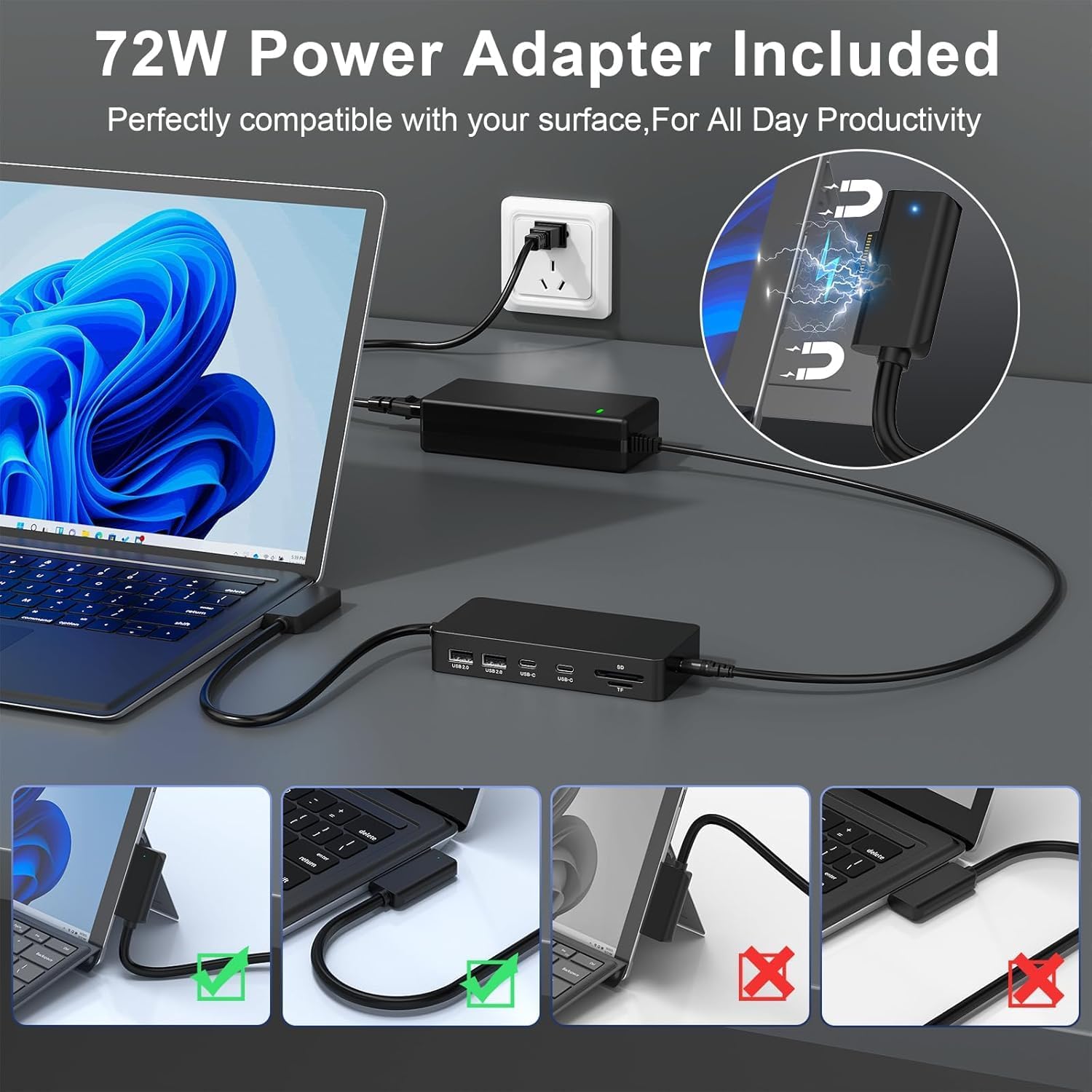 New MS Surface Pro Docking Station Triple Display with 4K@60Hz HDMI+VGA, 11 in 1 Surface Dock 2 with Power Adapter for Microsoft Surface Pro 11/10/9/X/8/7/6/5/4/3,Surface Laptop 7-1, Surface Go/Book
