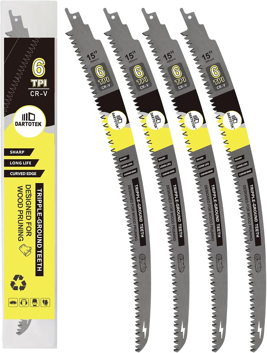 15-Inch Japanese Teeth Reciprocating Saw Blades 4PCS, DARTOTEK Curved Edge 6TPI Pruning Blades for Wood, Tree Trimming Cutting, Fits Most Reciprocating Saws
