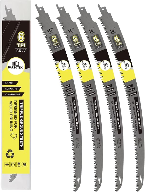 15-Inch Japanese Teeth Reciprocating Saw Blades 4PCS, DARTOTEK Curved Edge 6TPI Pruning Blades for Wood, Tree Trimming Cutting, Fits Most Reciprocating Saws