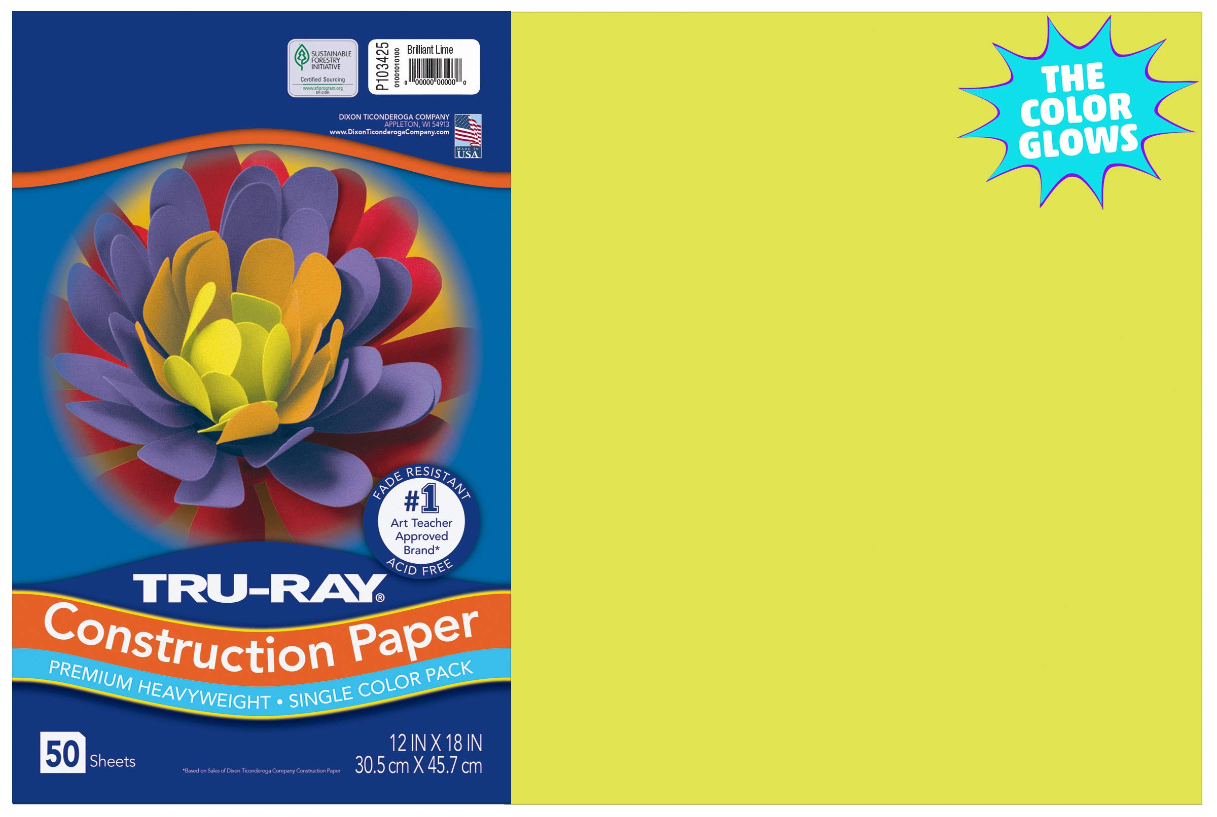TRU-RAYHeavyweight Construction Paper, Brilliant Lime, 12" x 18", 50 Sheets