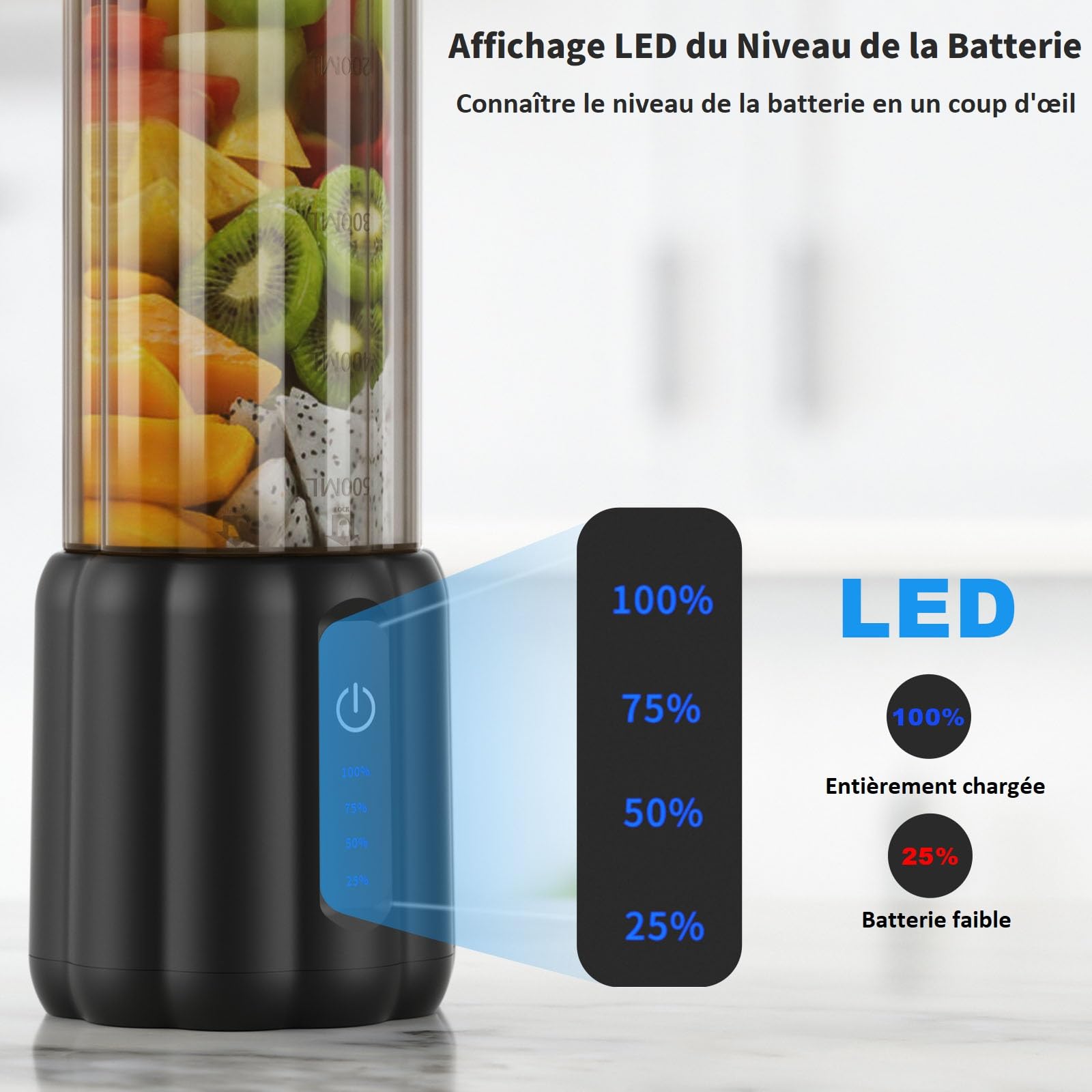 COKUNST Mixeur Portable pour Shakes et Smoothies, 22000 TR/min Puissant Mixeur Smoothie avec 6 Lames, 500 ml Mini Blender avec Couvercle de Voyage pour Cuisine, Salle de Sport, Bureau