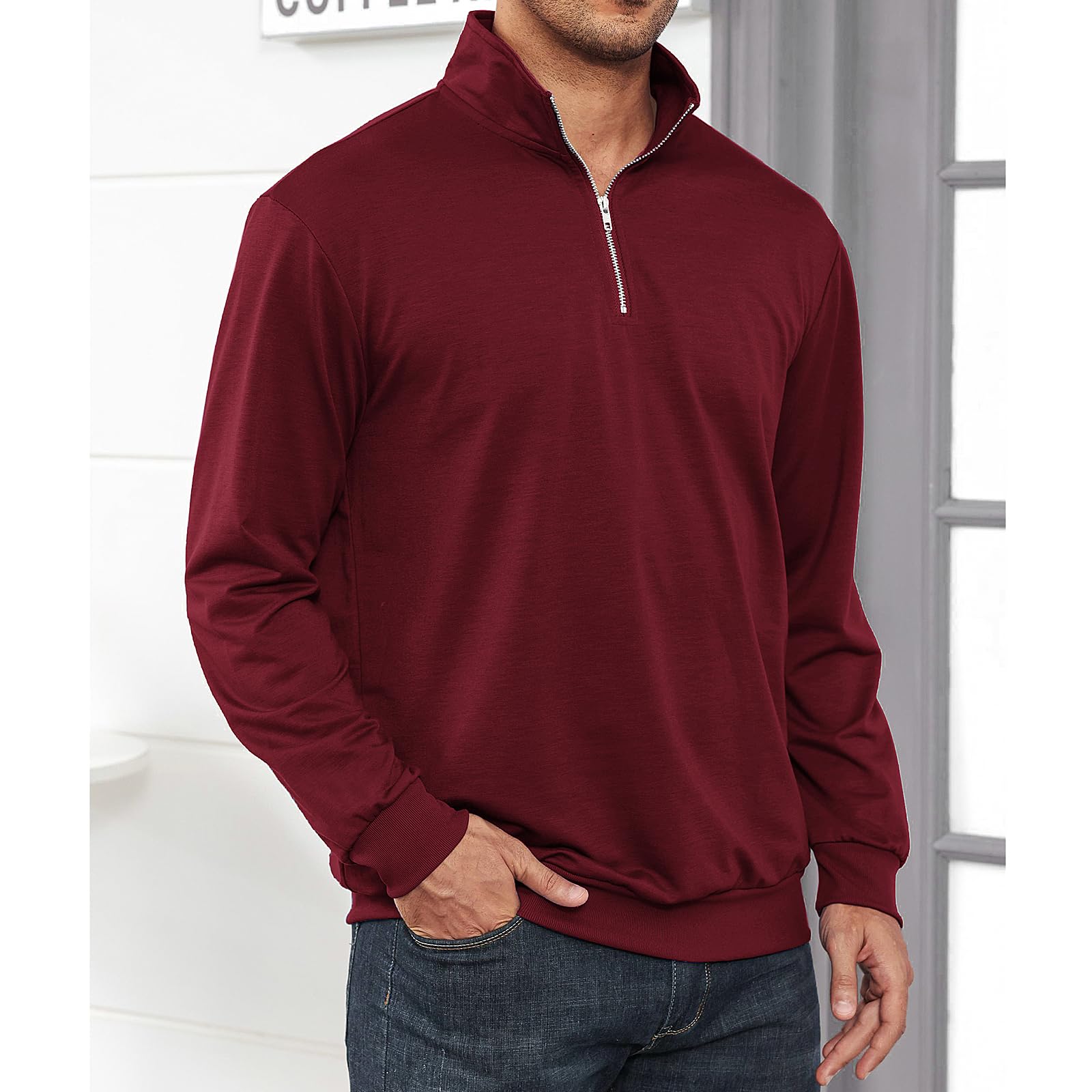 Homme Zip Pull Casual Manches Longues Polo Sweatshirt Sportswear léger Jumper col Rond Basic Top Casual T-Shirt