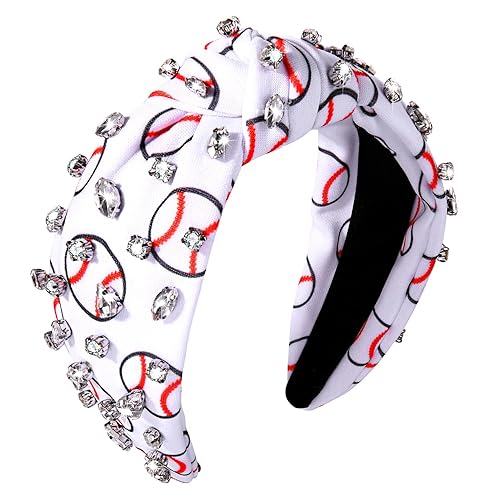 Miniatura 7 de Diadema de béisbol con diamantes de imitación anudada para mujer, estampado de baloncesto, fútbol, béisbol, banda ancha con nudo superior, diadema