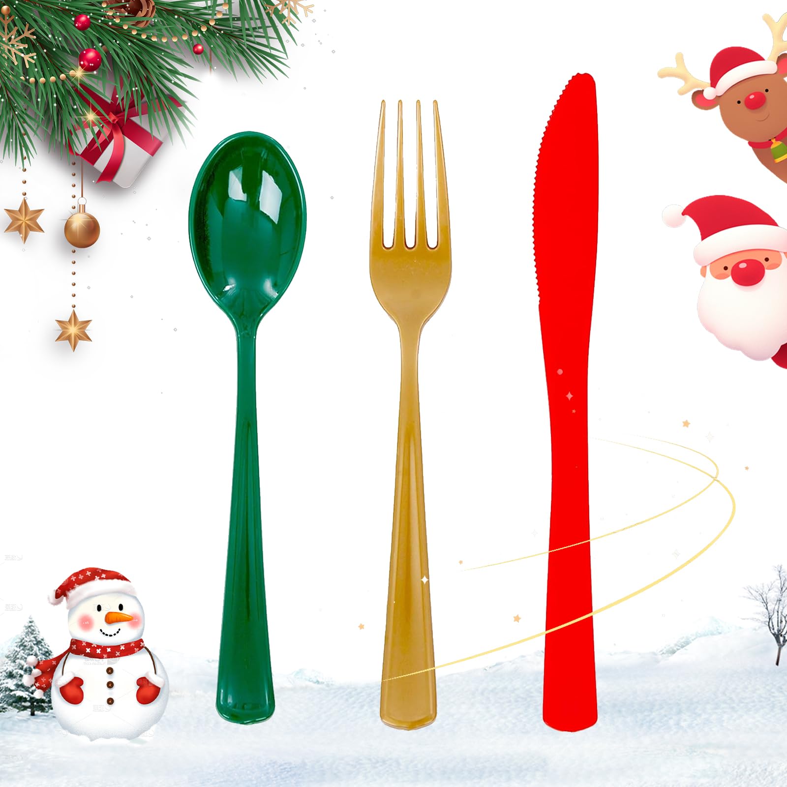 WDF180 Pieces Plastic Christmas Silverware - Disposable Cutlery Set Incluede 60 Gold Forks, 60 Red Knives and 60 Green Spoons - Heavy Duty Plastic Flatware - Disposable Utensils for Christmas