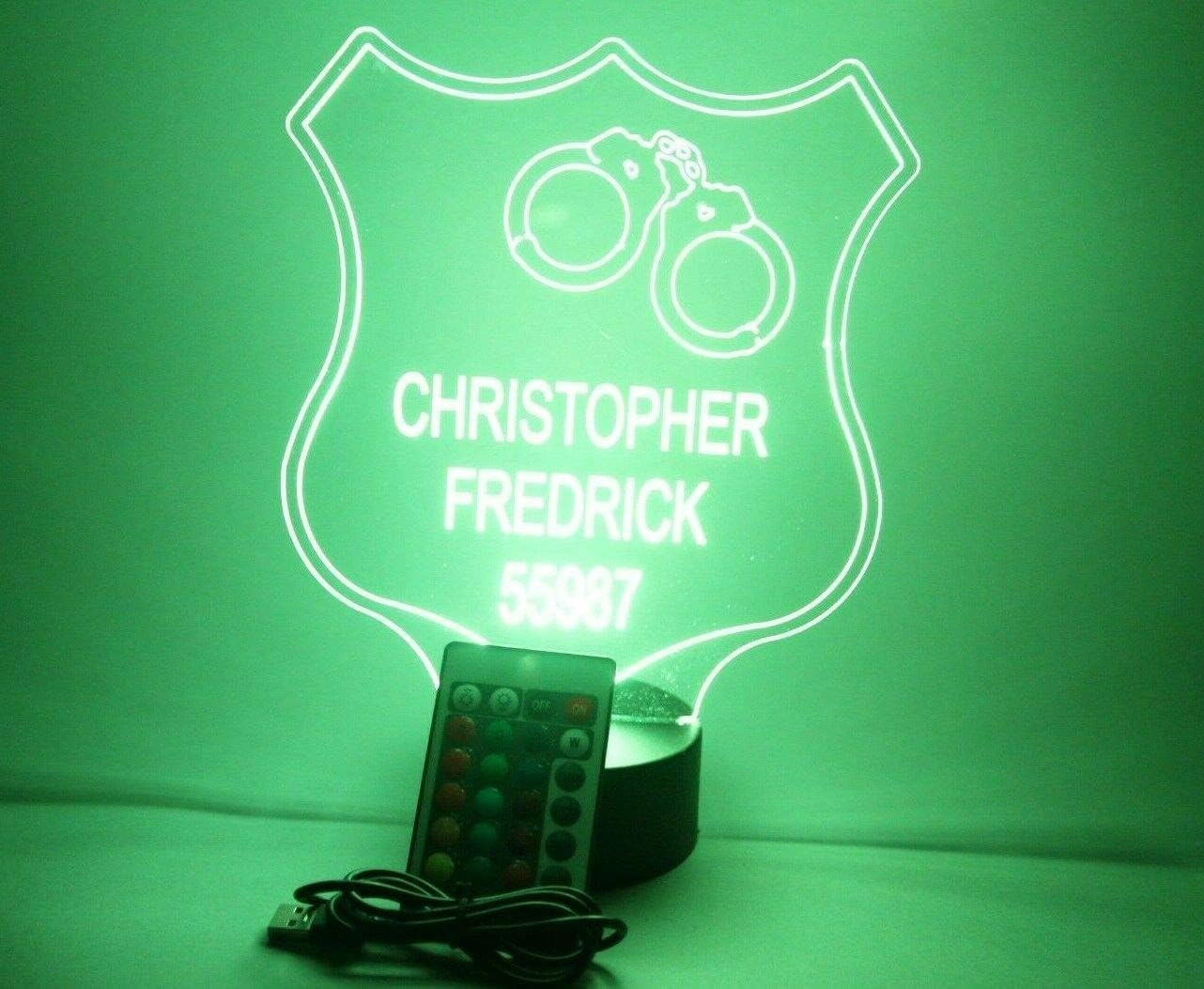 MIRROR MANIA Police Badge Night Light Up Table Lamp LED Personalized Officer Detective Sergeant Lieutenant Captain Chief Name Free Engraved - It's Wow, with Remote, 16 Colors, Great Gift