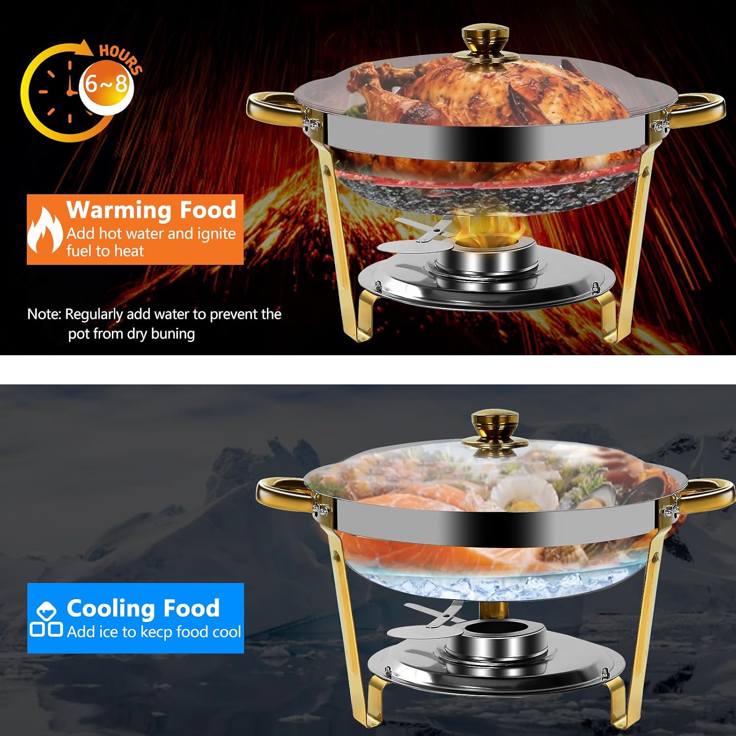 5QT Chafing Dishes for Buffet, 4 Pack Round Buffet Food Warmers Sets | Chafing Dish Buffet Set Stainless Steel for Catering Events Home Parties Dinners, Elegant Gold and Silver Color