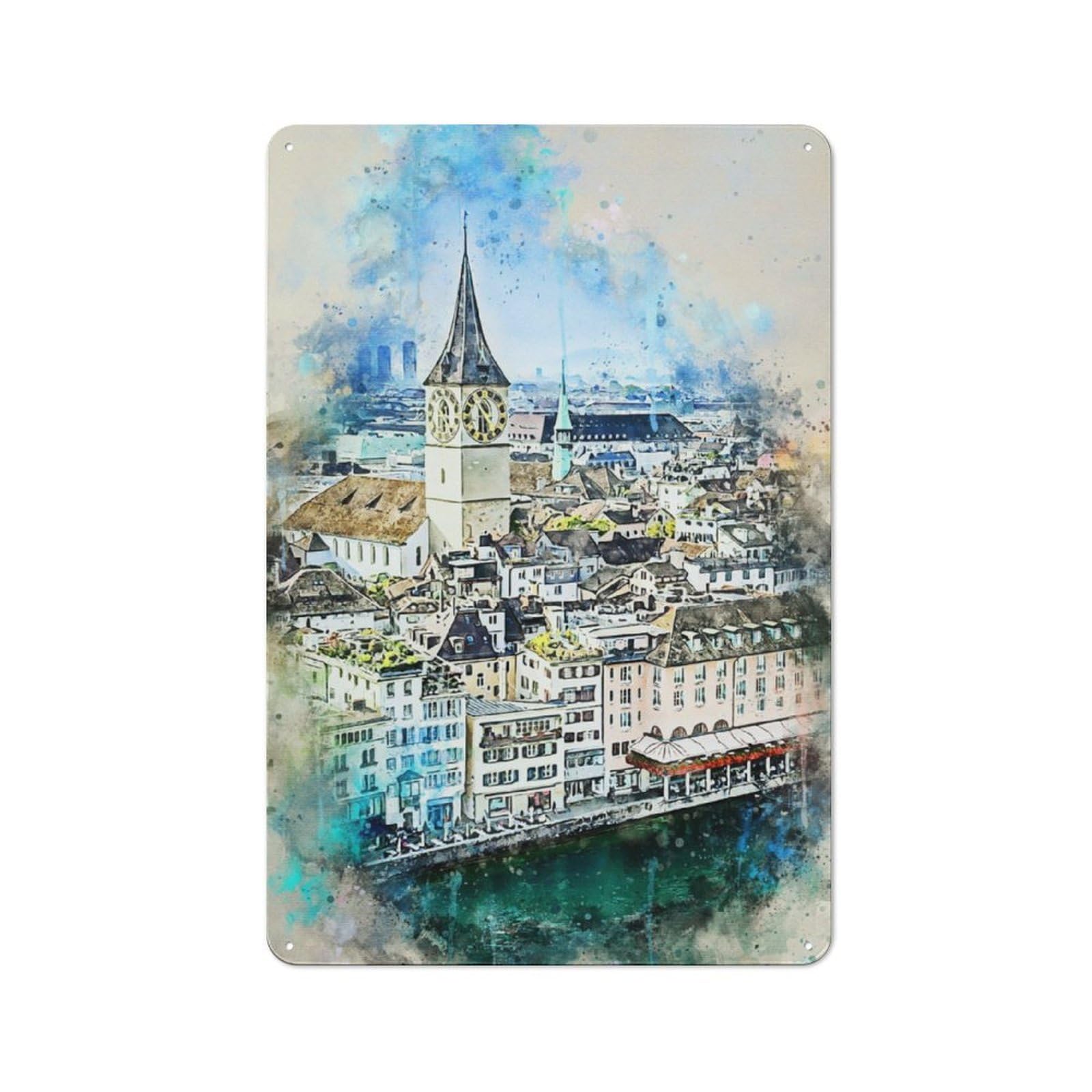 Junmoney Zurich In Watercolor Vintage Metal Wall Decor 30X20cm, Tin Wall Sign For Restaurant, Kitchen, Counter Or Breakfast Nook