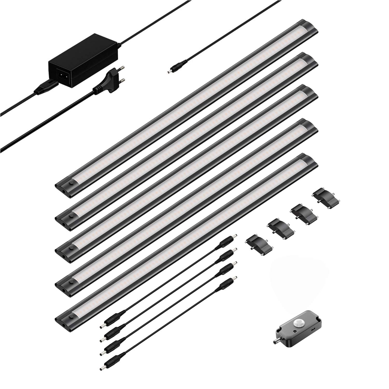 ledscom.de 5er Set LED Unterbau-Leuchte SIRIS schwarz matt mit Bewegungsmelder, flach, je 50cm, je 655lm, weiß