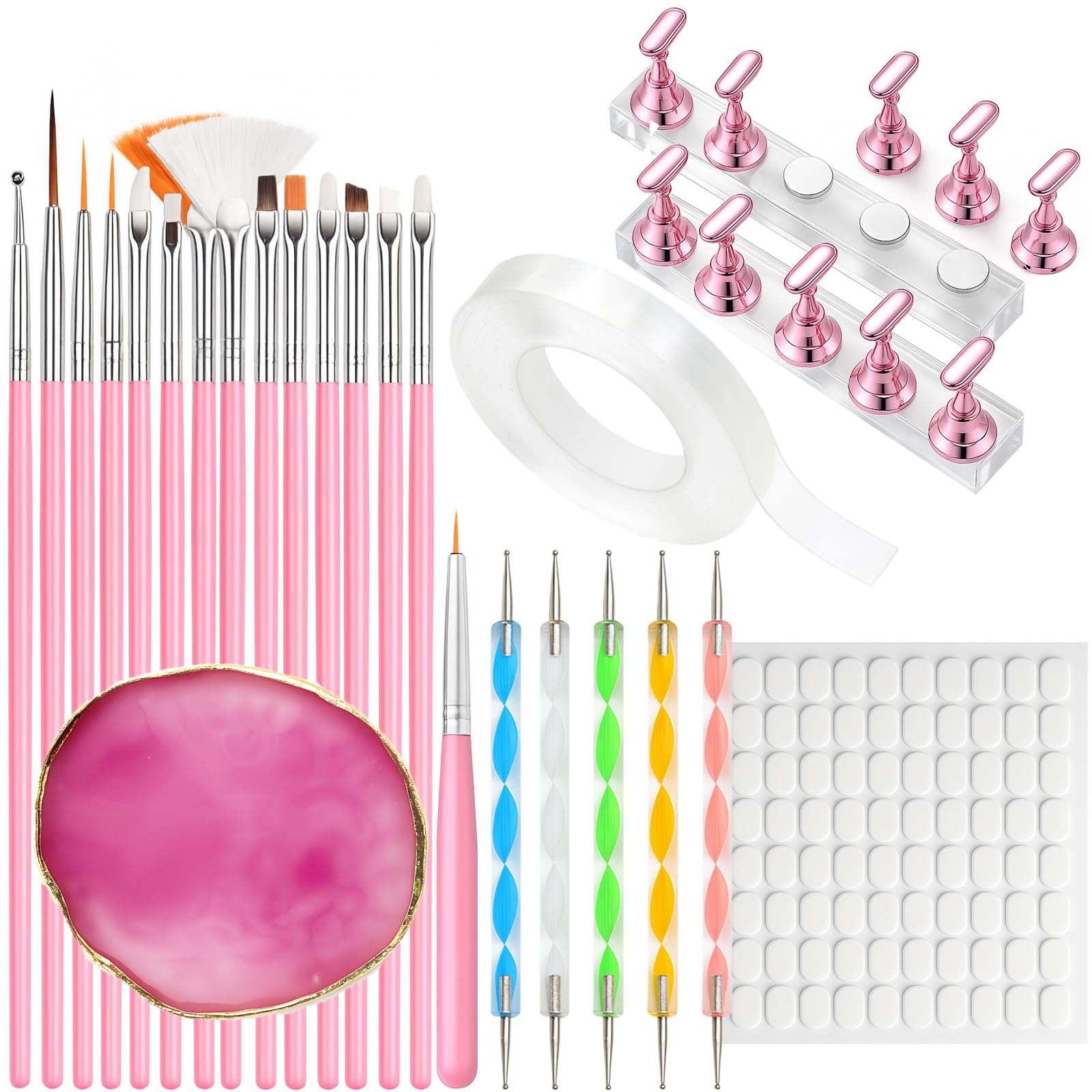 Nail Art Tools Set 15pcs Pink Nail Art Brushes 5pcs Dual-Ended Dotting Pens 10 Nail Stands with 2
