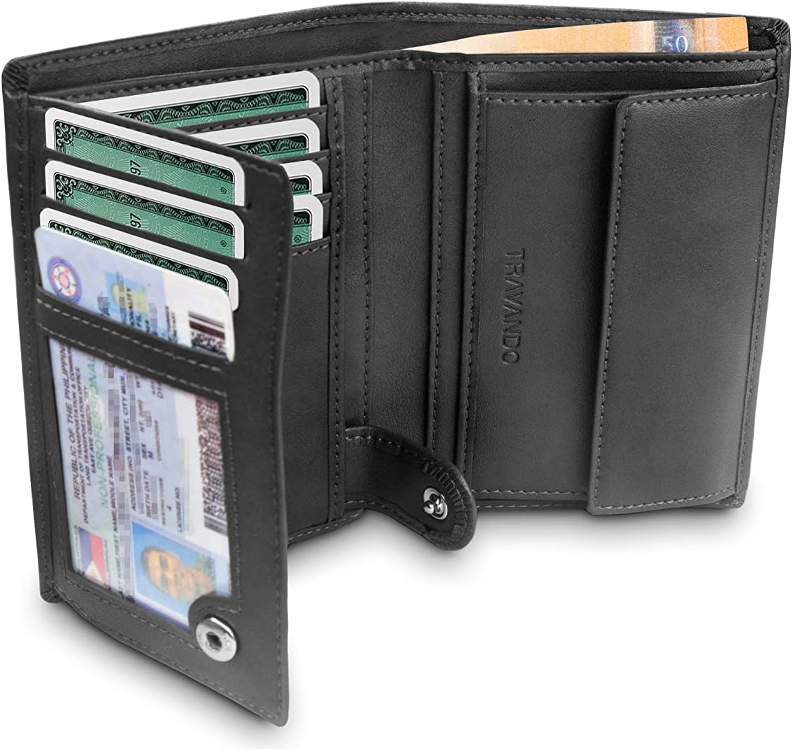 TRAVANDO Mens Wallet Slim with Coin Pocket Dublin - RFID Blocking - Durable Bifold - Card Holder with ID Window (Black)