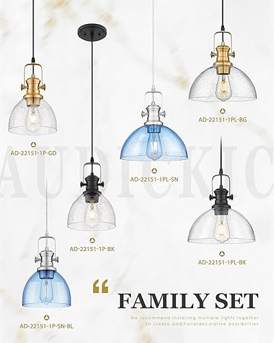 Vista 55 de AD-22151-1P-BK - Luces colgantes negras para isla de cocina, 7.5 pulgadas con pantalla de vidrio sembrado transparente, lámparas colgantes vintage
